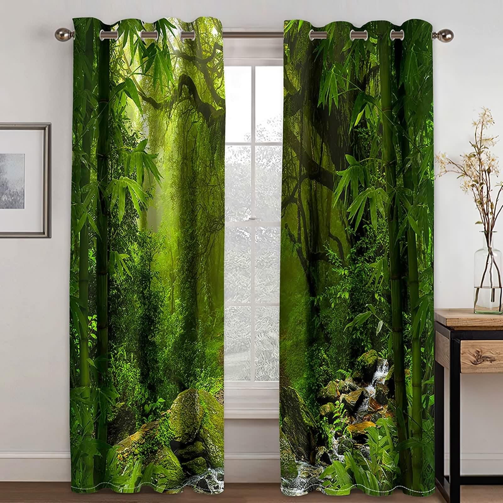 Verdunklungsvorhänge Vintage, Vorhänge Wohnzimmer Grün Polyester Dschungel Gardinen 2er Set B 107 x H 229 cm