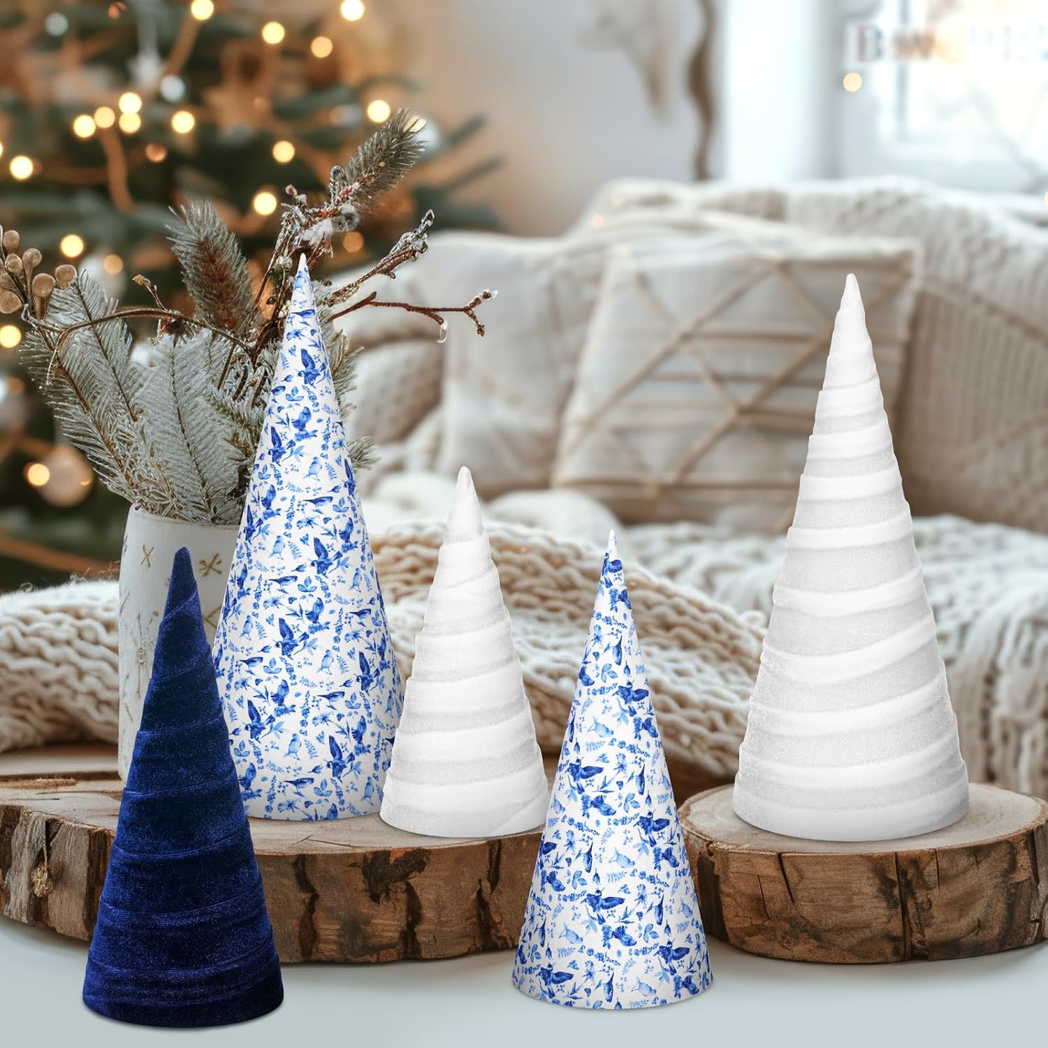 5 Pcs Blue and White Chinoiserie Christmas Cone Trees Floral Velvet Table Tree Decoration 10" 8" 6" Table Centerpiece Tabletop Tiered Tray Decorations for Xmas Parties and Homes - Image 5