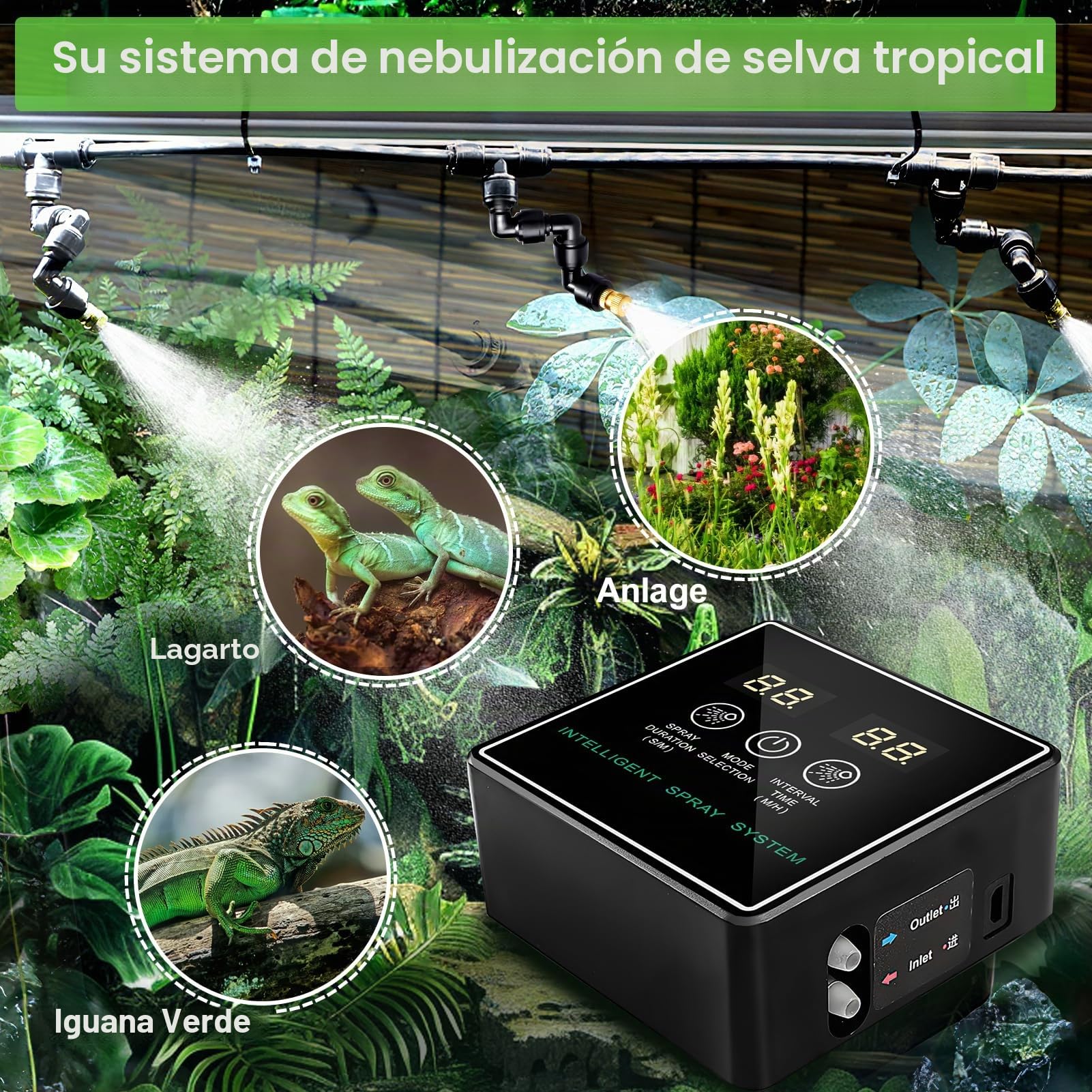Humidificador De Reptiles, Sistema Inteligente De Nebulización De Reptiles, Sistema Inteligente De Humidificación Para Terrarios, Boquillas Pulverizadoras Ajustables En 360°, Sistema Inteligente