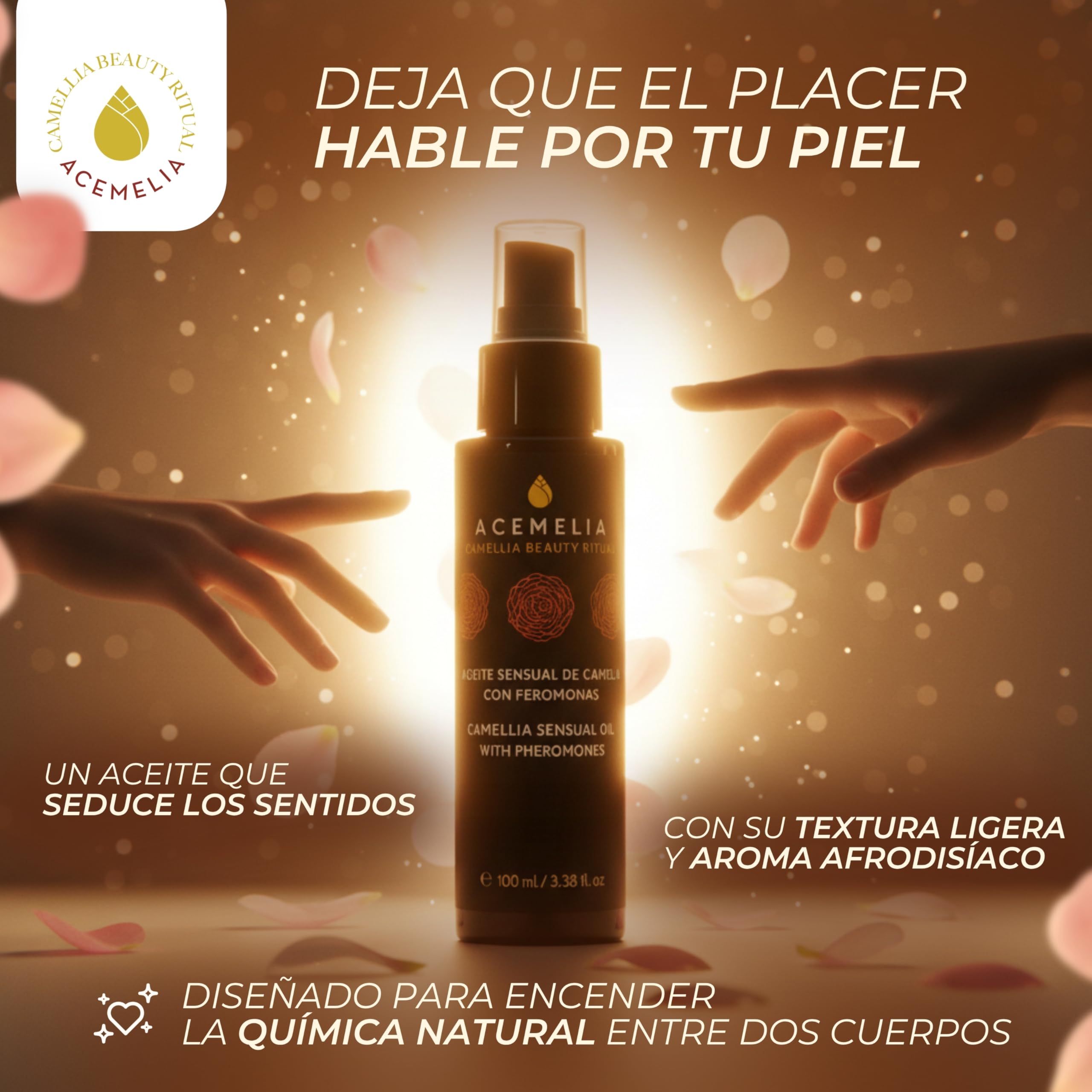 ACEMELIA | Aceite Sensual de Camelia con Feromonas – 100 ml | Aceite de Masaje Erótico Afrodisíaco Natural para Parejas | Nutre, Suaviza y Despierta la Pasión – Vegano y Made in Spain