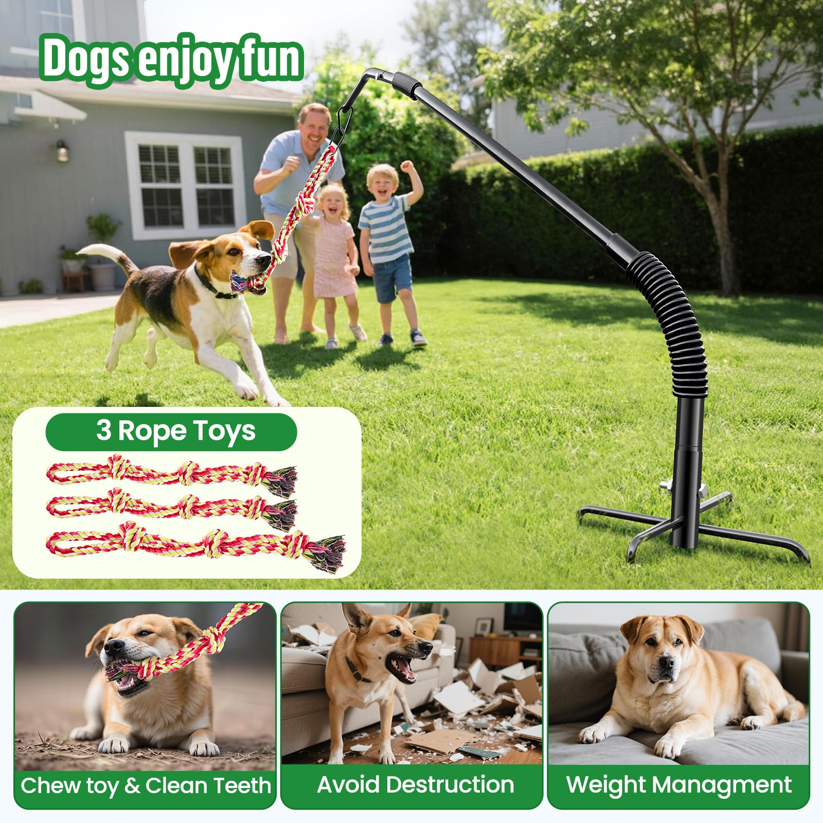 Tether Tug Outdoor Dog Rope Toy, Adjustment Height Upgraded Spring Pole, Includes 3 Chew Ropes, Interactive Tug of War Toy for Large Medium Small Dogs, Exercise Game In Yard, Lawn, Park
