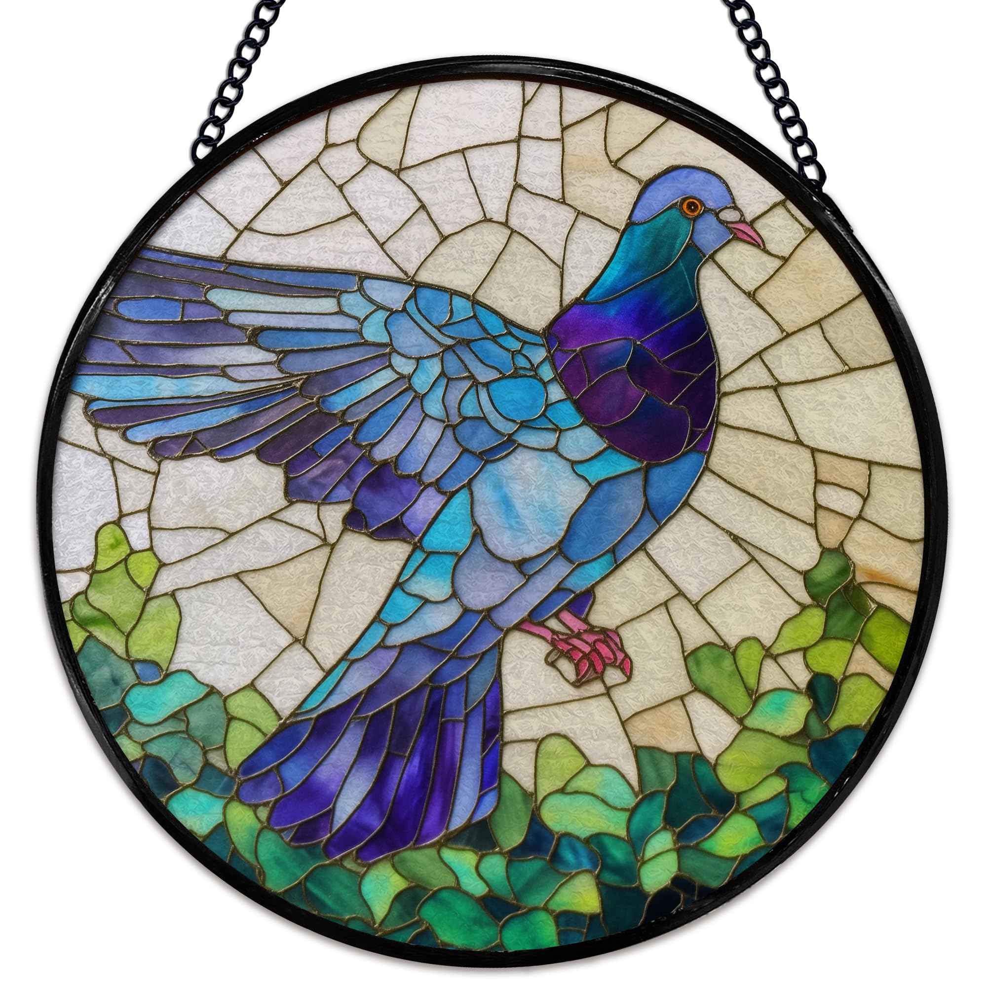 Hiuwevt Pigeon Bird Suncatcher Stained Glass Window Hanging, Pigeon Gifts Sun Catchers Indoor Window Glass Wall Art Decor, Bird Round Wall Hanging Decorations, 7.9x7.9 inch