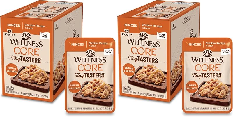 Ração úmida para gatos adultos Wellness CORE Tiny Tasters de frango picado, sem grãos, sachê 49 g, pacote com 24