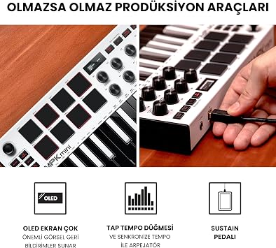Akai Professional MPK Mini MK3 - USB MIDI Keyboard Controller, 25 Mini Keys, 8 Backlit Drum Pads, 8 Buttons and Music Production Software Included - White