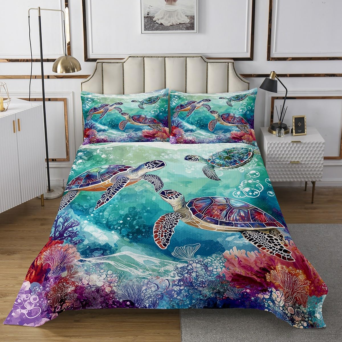 Set copriletto con tartaruga marina, stampa 3D con rettili e animali, per letto matrimoniale, per bambini, ragazzi, ragazze, creature marine, decorazione per la casa, trapuntato, tema mare