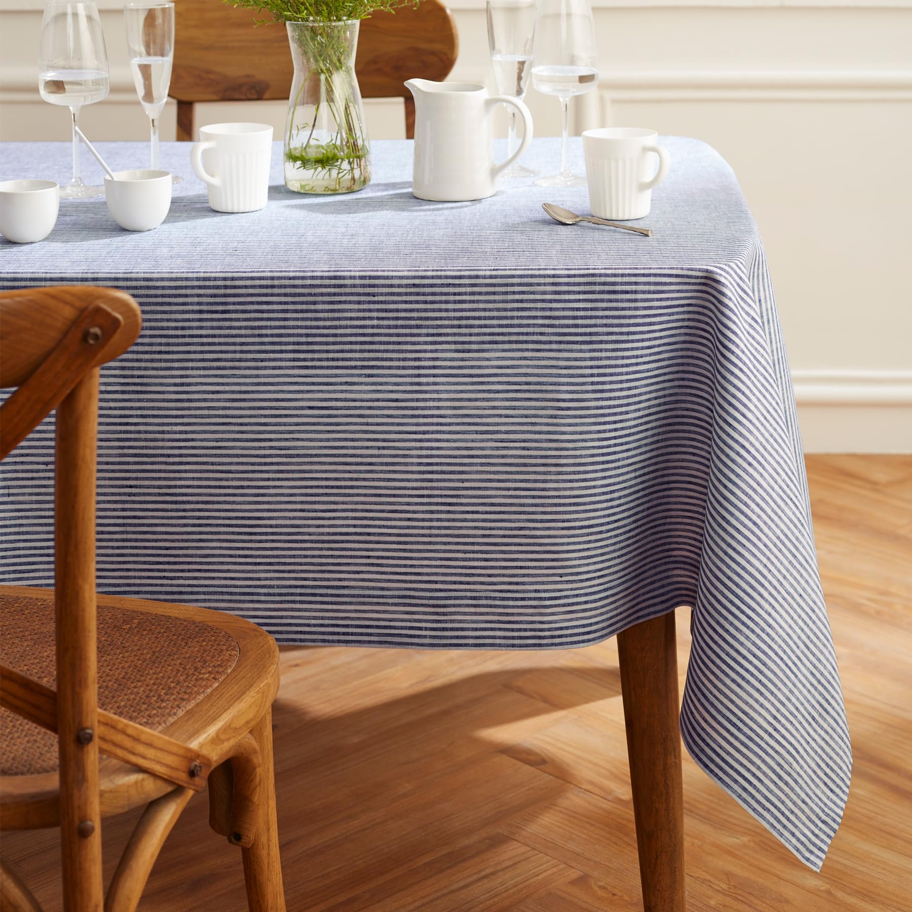 Solino Home Leinen-Tischdecke 152.4x274.4 cm,100% reines Leinen schmale Streifen Tischdecke für Frühling,Maschinenwaschbare Tischdecke in Marineblau und Weiß,handgefertigt aus europäischem Flachs
