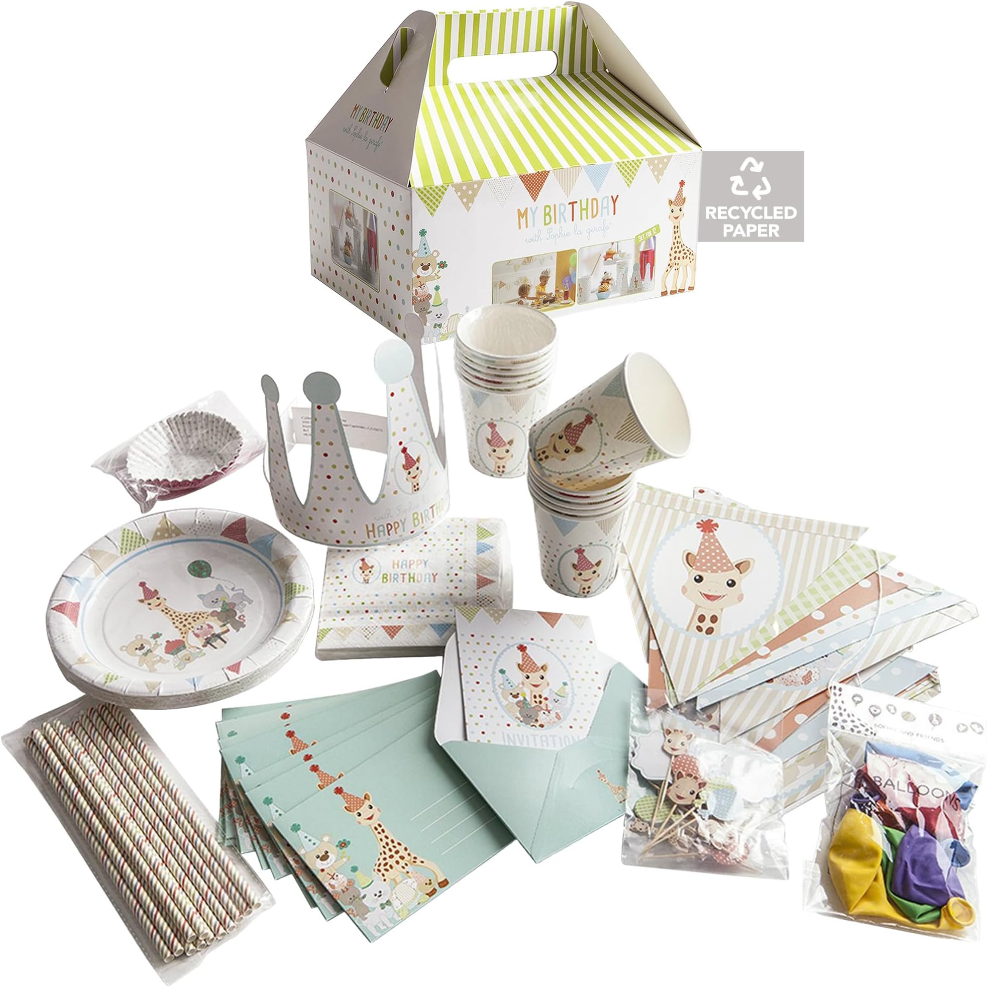Sophie la girafe My Birthday with Sophie|Kids Birthday Decorations Party Supplies For 12 | Plates, Cups, Napkins, Utensils, Invitations, Banner, Balloons, Cake/Cupcake Toppers, Crown | 110 Piece Kit