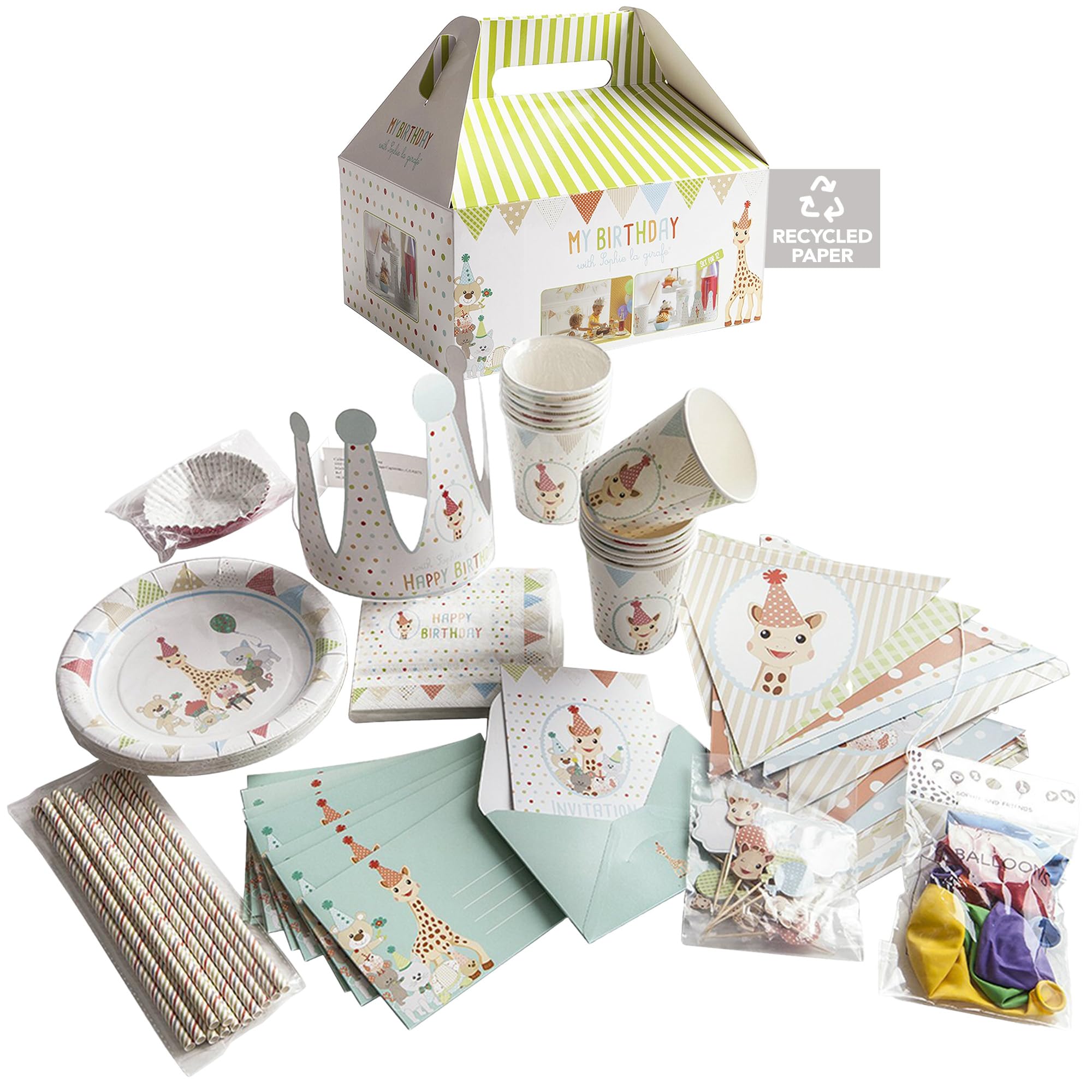 Sophie la girafe My Birthday with Sophie|Kids Birthday Decorations Party Supplies For 12 | Plates, Cups, Napkins, Utensils, Invitations, Banner, Balloons, Cake/Cupcake Toppers, Crown | 110 Piece Kit