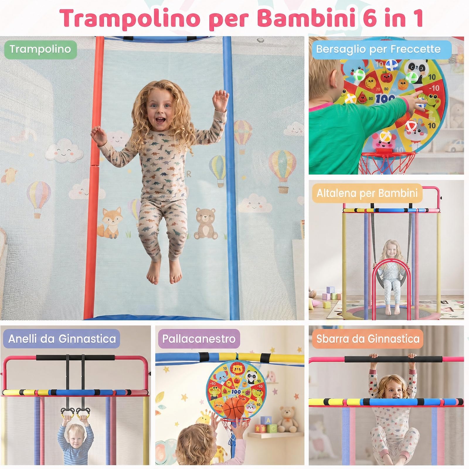 COSTWAY 6 in 1 Trampolino Bambini Interno ed Esterno | Tappetino Elastico con Altalena, Bersaglio, Barra e Anelli da Ginnastica, Canestro da Basket e Rete di Sicurezza, 3+ Anni