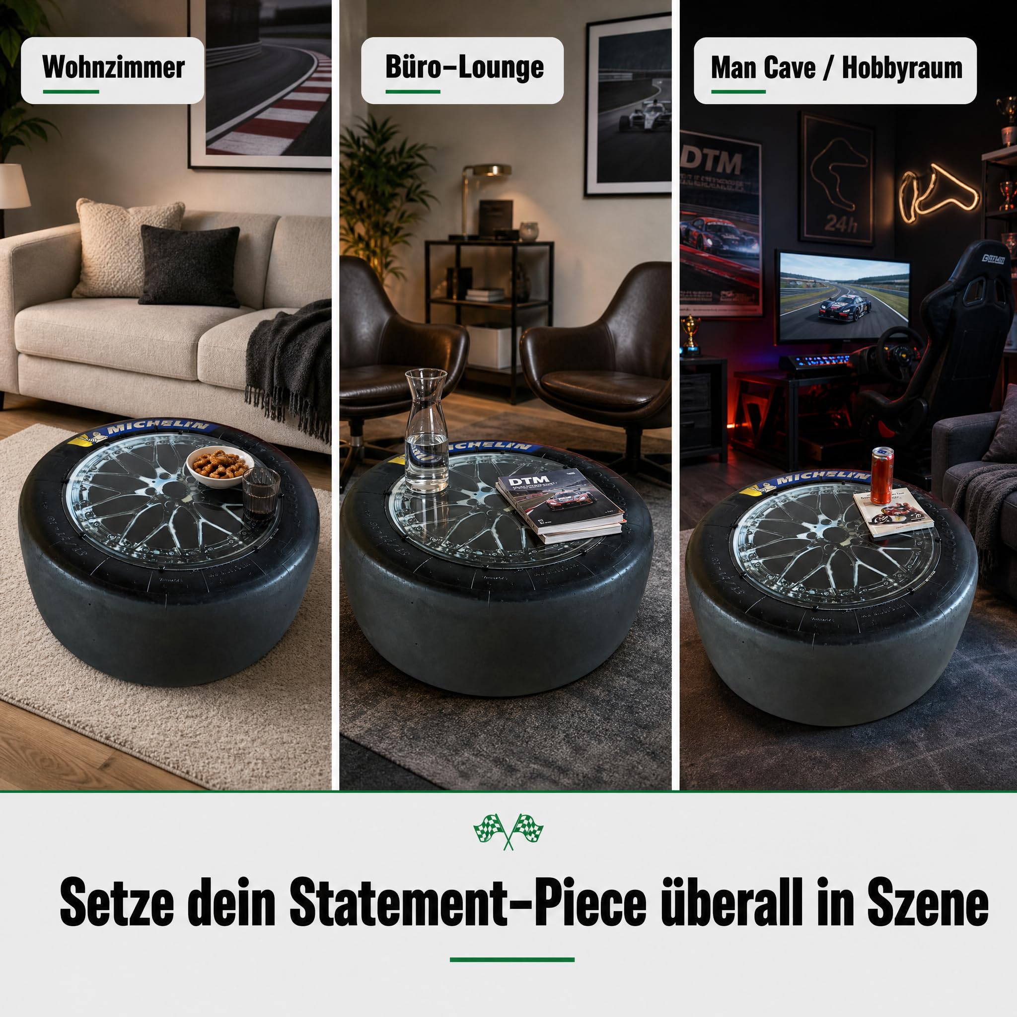 [ORIGINAL Reifen] Reifen Tisch mit PC Platte | Orginalreifen aus DTM, GT Masters & LMP Serie Rennreifen Tisch mit echten Gebrauchspuren | Motorsport Geschenk für Männer & Frauen | Originaler Rennslick als Upcycling-Unikat mit PC-Tischplatte – das ausgefal