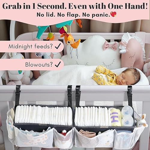 Miniatura 7 de Organizador de pañales para cuna, paquete de 2 bolsas de almacenamiento colgantes para guardería, gran capacidad para artículos esenciales del bebé