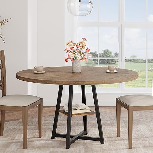 Garvee 47.2 in Round Dining Table for 4-6 People, Industrial Round Kitchen Table with Sturdy Metal Pedestal Base & Storage Shelf, Circle 4 Dinner Table for Dinner, Kitchen, Dining Room