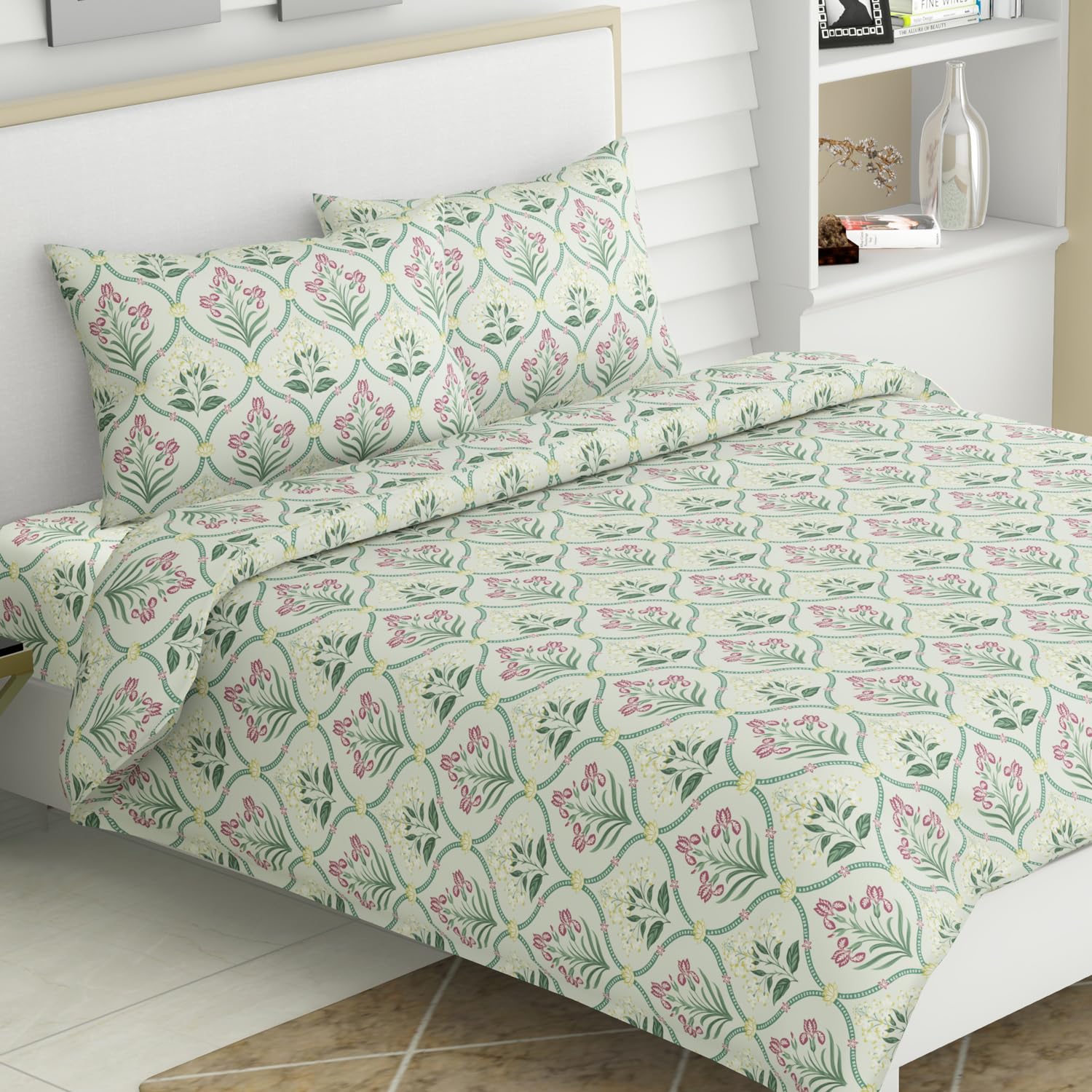 Haus & Kinder 100% Cotton Bedsheet for Double Bed | 186 TC Queen Size Bed Sheet | Size 90 x 100 inches | 2 Pillow Covers | Green Blossom Floral