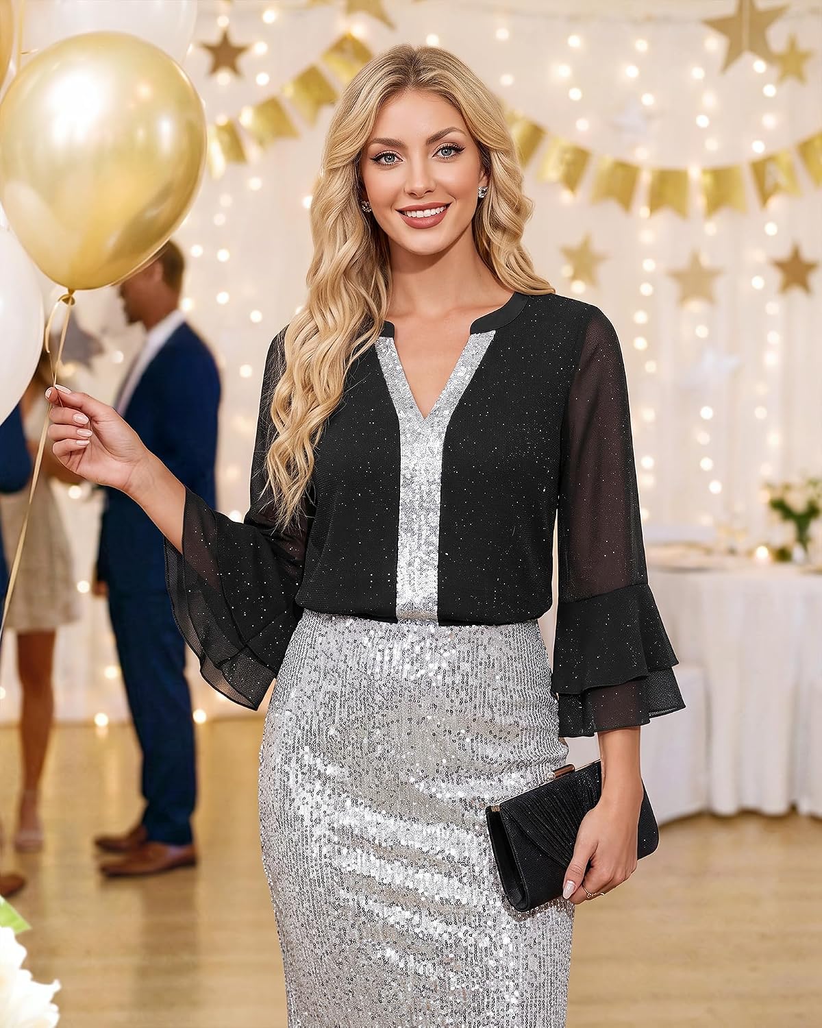 Timeson Women's 3/4 Sleeve Sparkly Blouses Dressy V Neck Sequin Tops