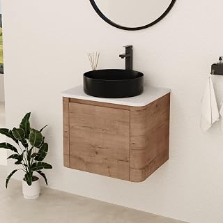 Beyondnext 24" Floating Bathroom Vanity, 24 Inch Bathroom Vanity with Sink,Modern Single Sink Bathroom Vanity Combo,Brown Wall Mounted Cabinet Set(Black Sink)