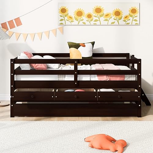 Miniatura 113 de Quarte Sofá cama multifuncional de tamaño individual con nido y estantes plegables en ambos lados, sofá cama con marco de madera y listones, para