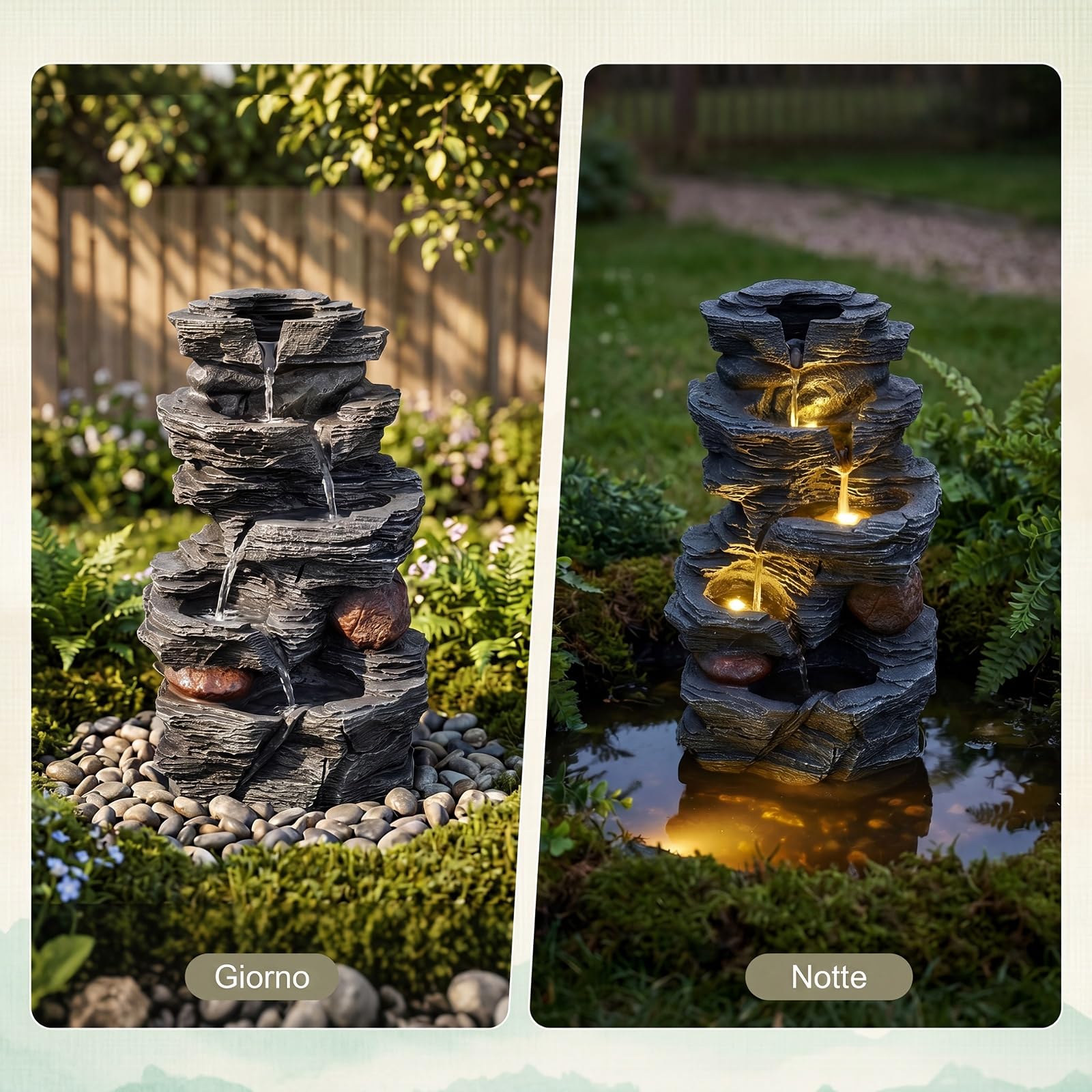 COSTWAY Fontana da Giardino, Fontanella Elettrica da Tavolo con Luci LED | Fontana Cascata in Resina a 5 Livelli con Flusso d'Acqua Regolabile e Pompa, da Interno ed Esterno per Terrazzo e Cortile