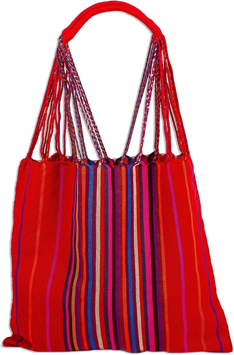 NOVICA Artisan Handwoven Cotton Tote Floral from Mexico Handbags Red Multicolor Stripedembroidered ' Rainbow Bouquet'