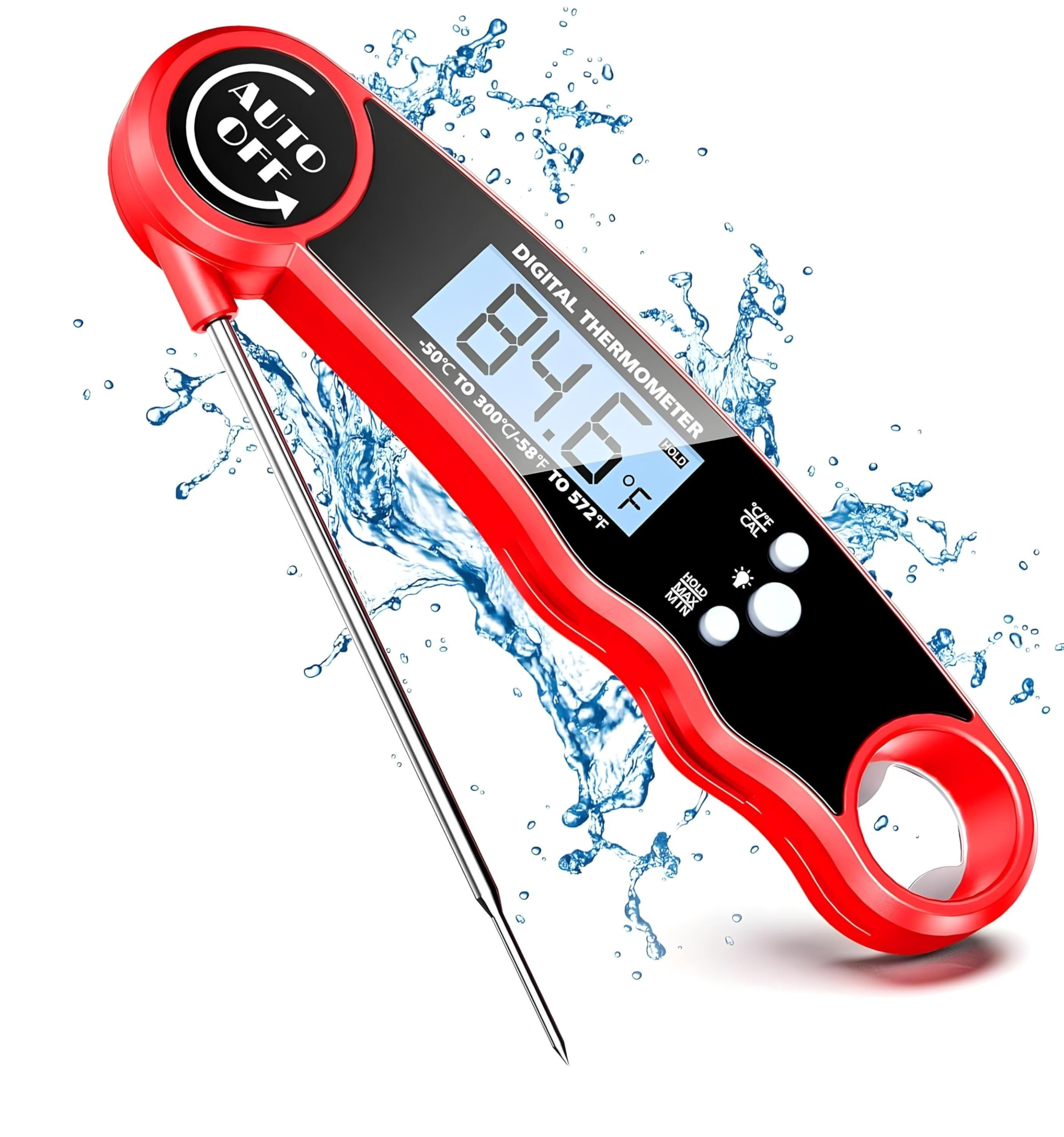 Digital Meat Thermometer, IPX6 Waterproof Instant Read Food Thermometer with LCD Backlight, 4.7? Folding Probe & Magnet (Red)