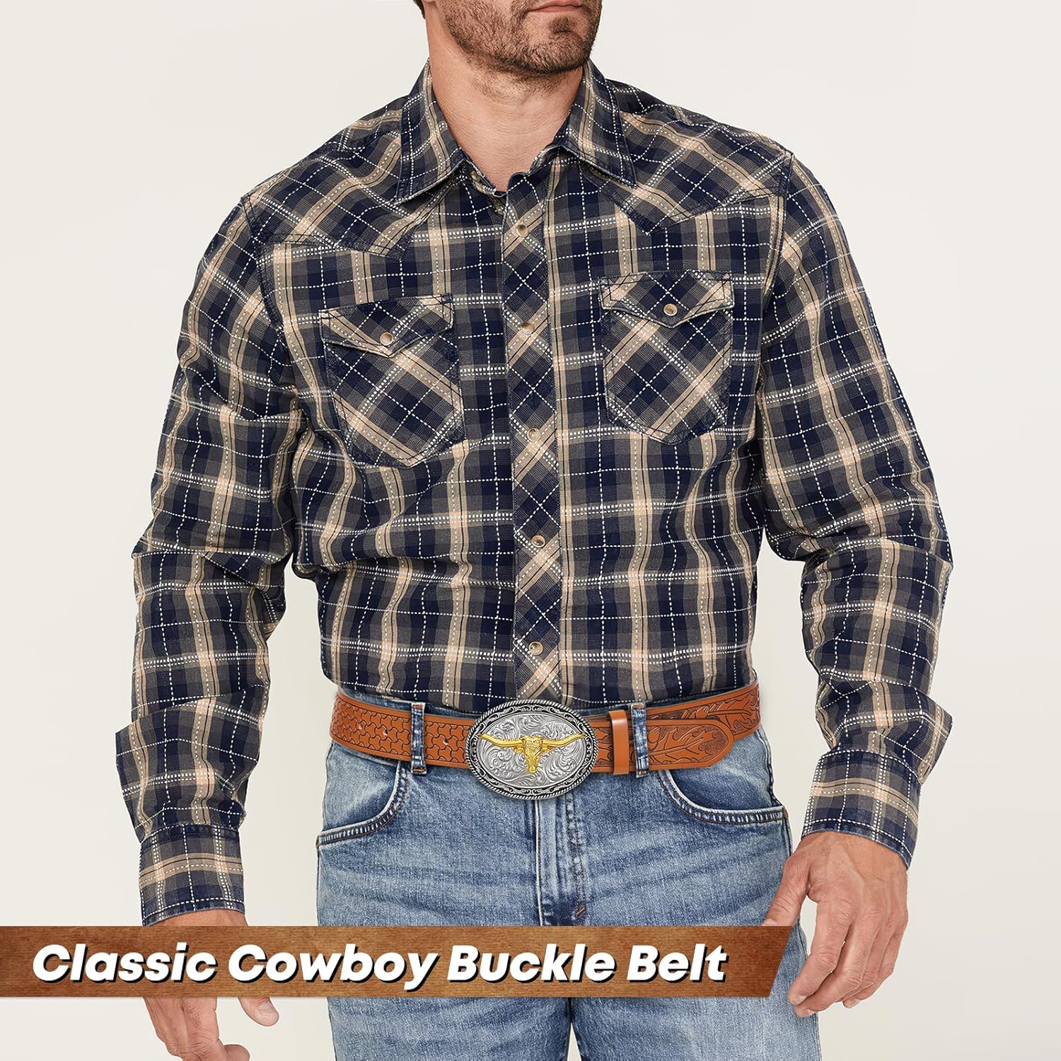 Western Cowboy Belt for Men Women, Country Longhorn-Bull Horse Buckle Embossed Leather Belt for Jeans Gift - Image 5