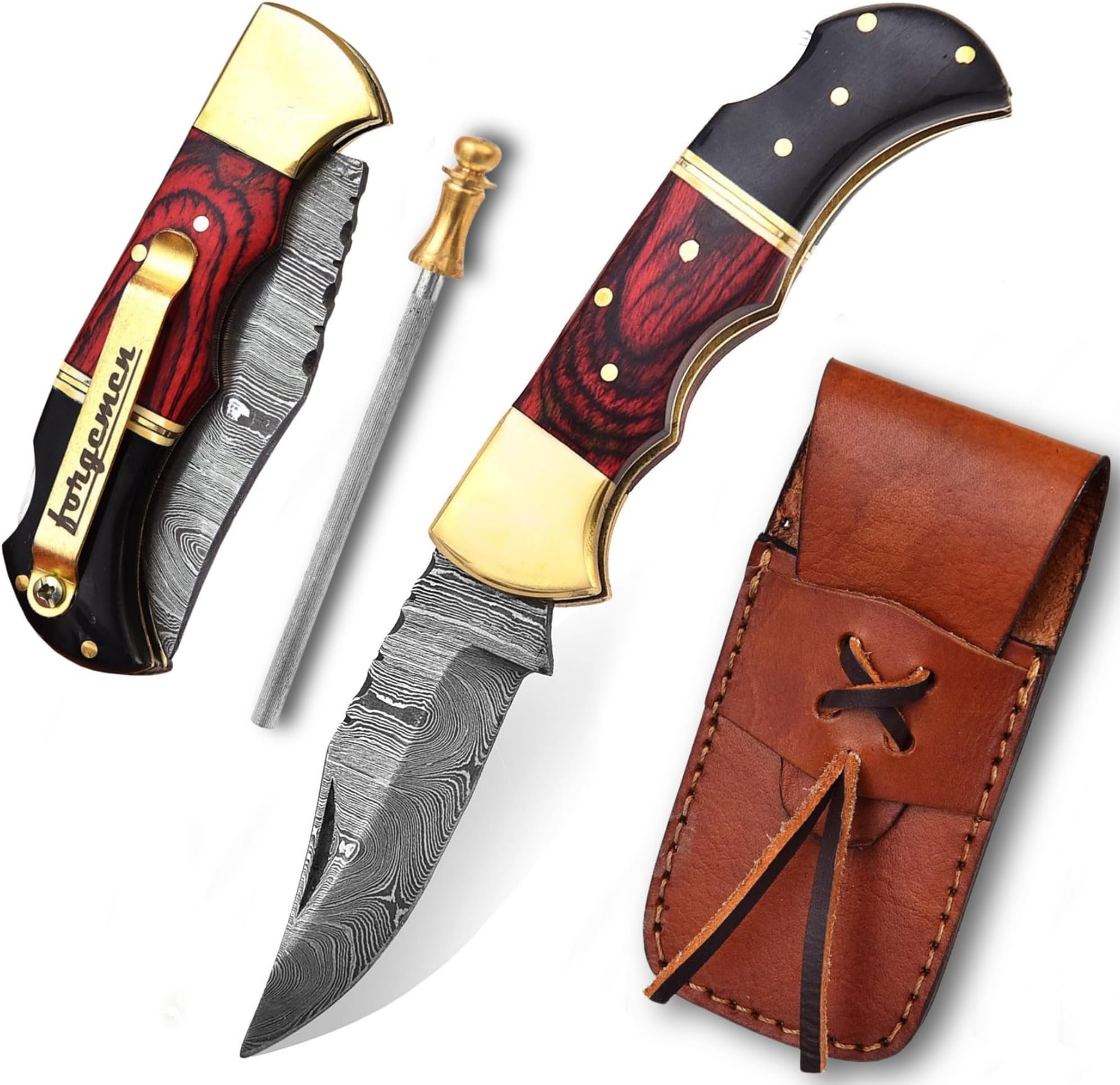 Limited Edition , Damascus Pocket knife , Damascus Pocket Knife with Clip , Pocket knife men , Pocket Knife , Custom knife , Damascus Pocket knife with sheath , Knife with sheath , Indoor & Outdoors Activities , Damascus Hunting knife , Folding Hunting Knives , Folding Pocket Knife (Red Wood)