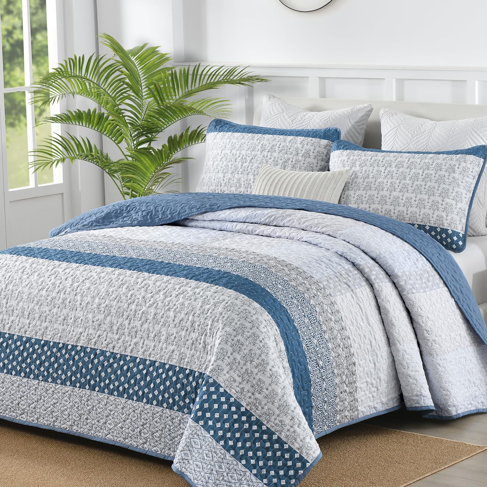 WONGS BEDDING Blue Quilt Set California King, Boho Stripe Bedding Set