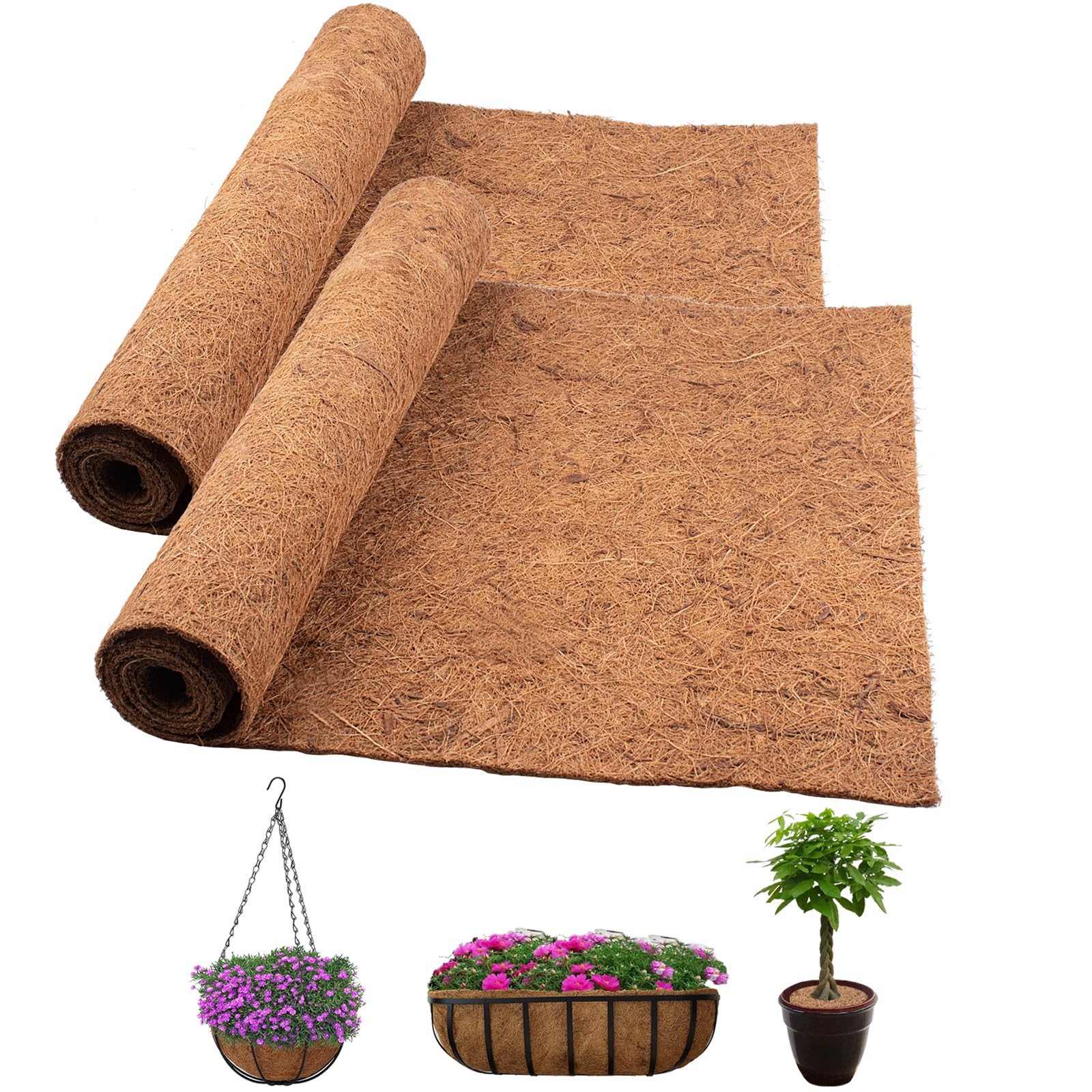 2 Packs Coco Liner Roll, 100*40cm/40" x 16" Natural Hanging Basket Liner, Reusable Coco Fiber Mat Coco Replacement Basket, Coconut Fiber Sheet Coir Mat Liner for Planter, Window Box, Wall Troughs