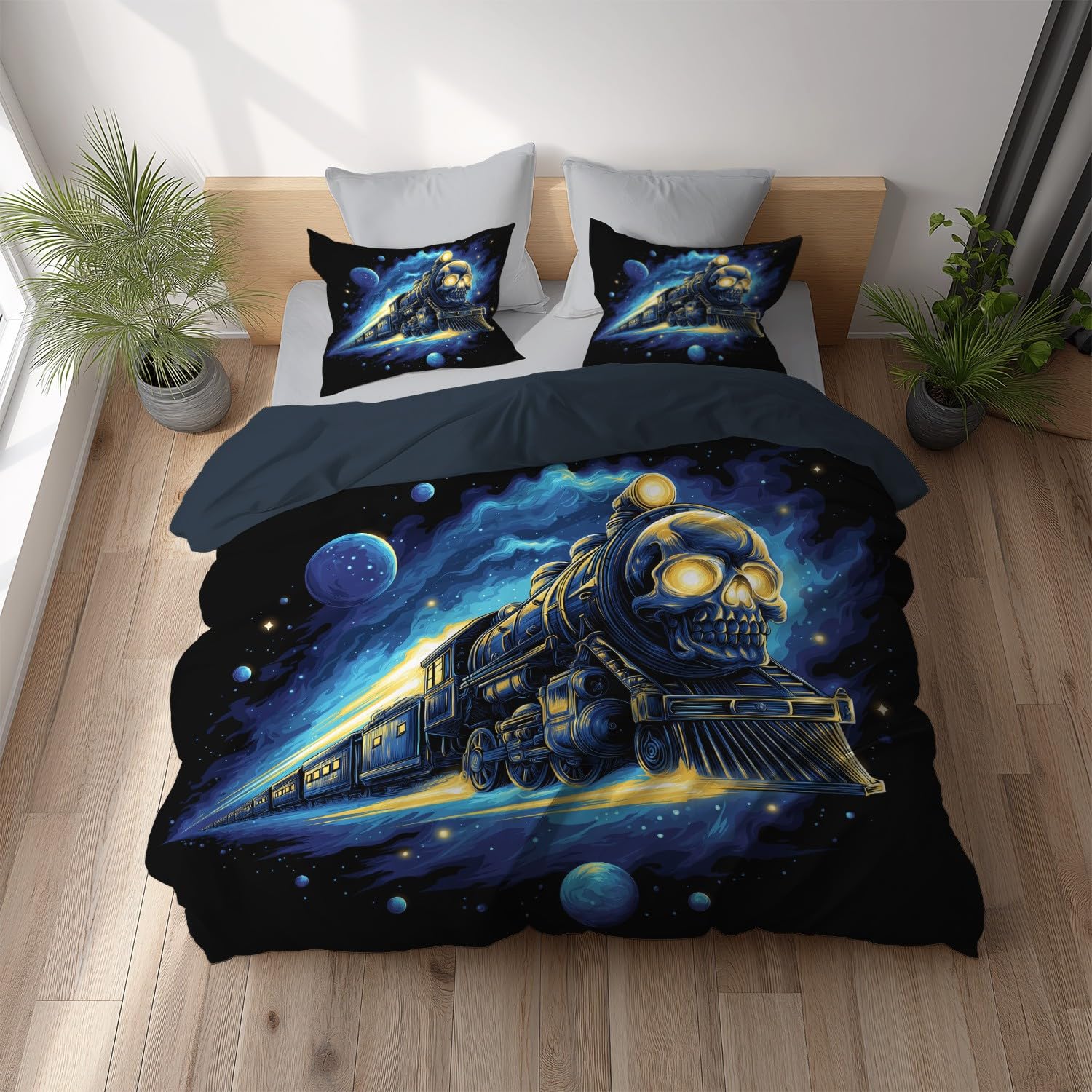 Parure de lit bleu nuit étoiles et planètes pour chambre cosmique