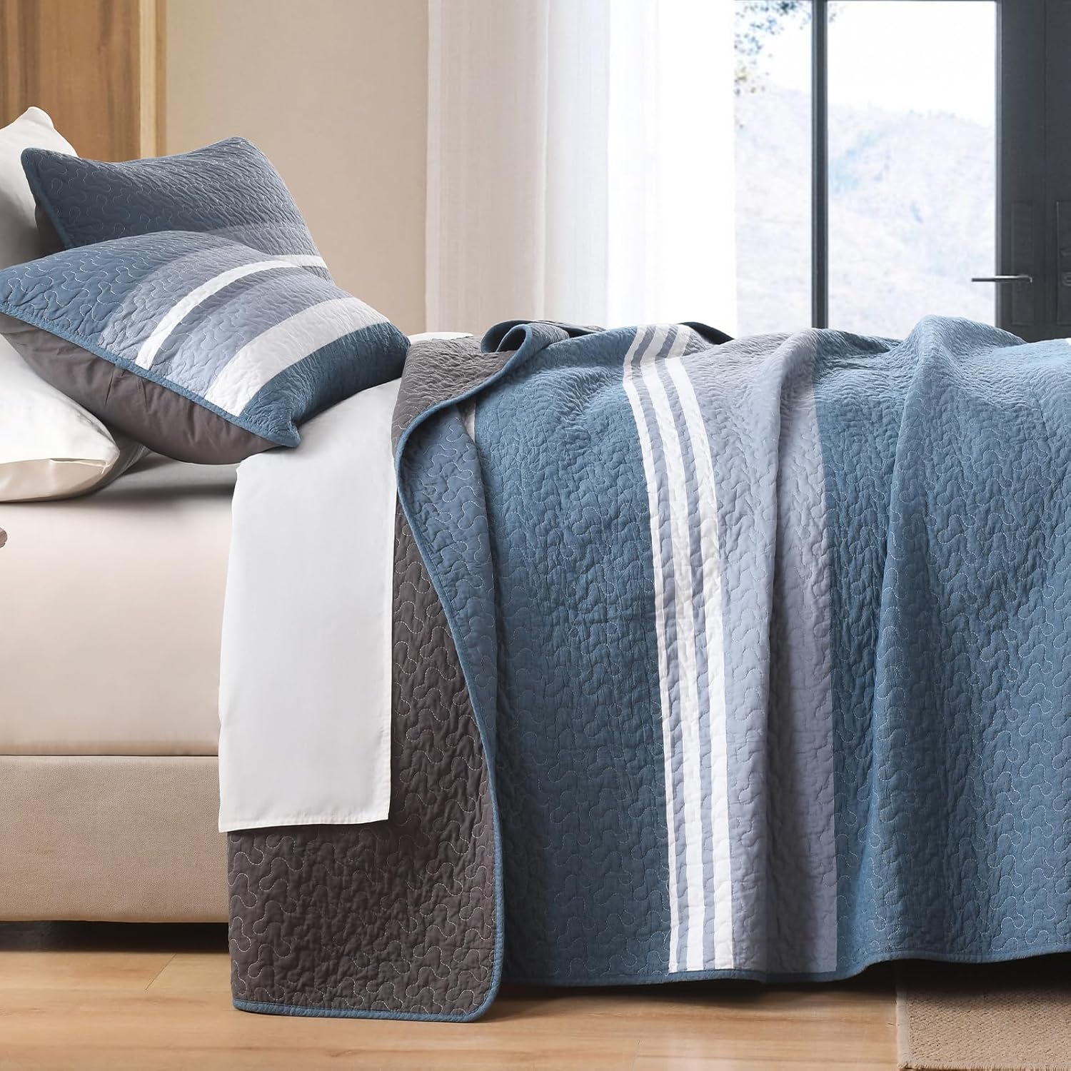 SahSahCasa Quilt Set King Size, 100% Cotton Quilt Bedding Set Bedspread, Striped Pattern Chic Lightweight Quilted Comforter for King Bed, White/Dark Blueish-Gray/Black, All Season, 3 Pieces - Image 4
