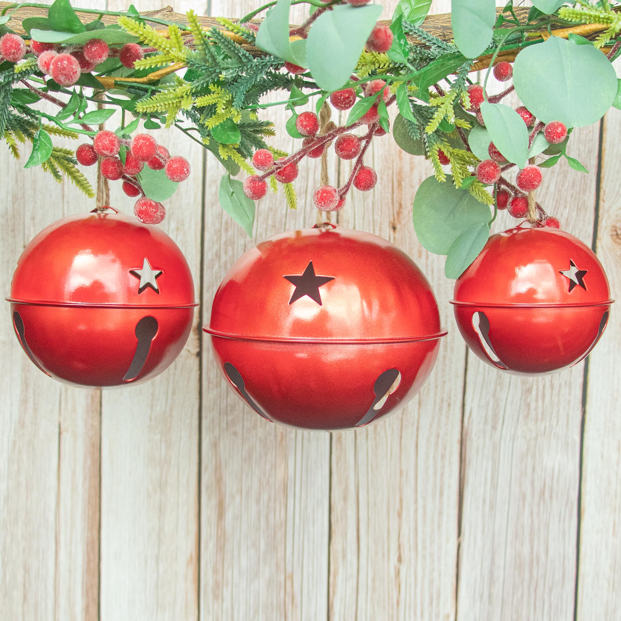 KI Store Oversized Jingle Bells Pearl Red Set of 3 Metal Bells 6-Inch 5-Inch 4-Inch for Christmas Decorations Xmas Tree Garland Wreath Decor