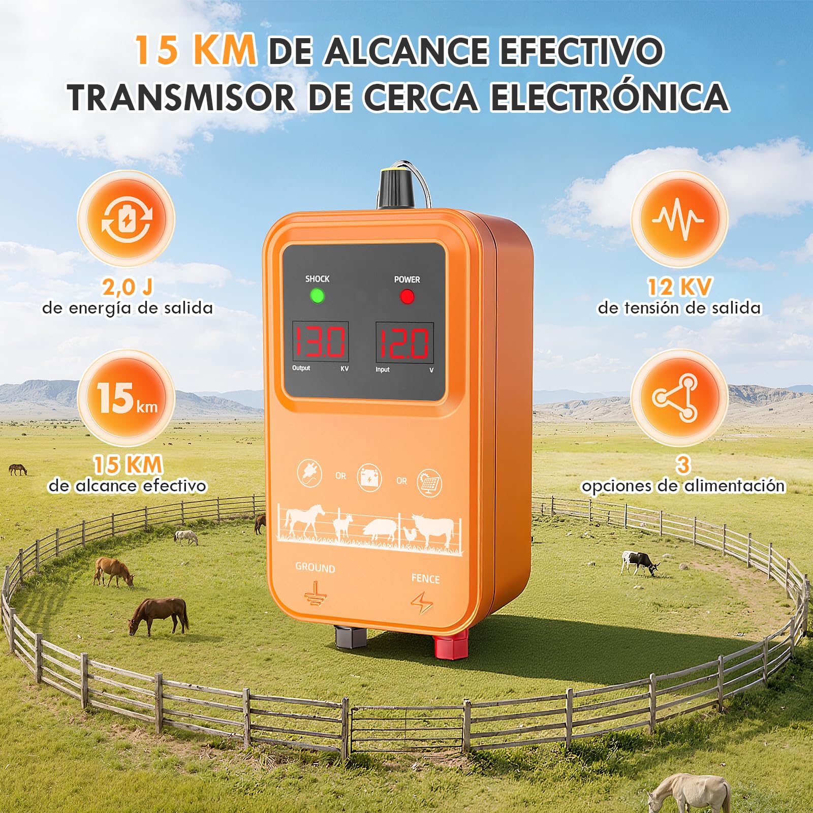 15KM Cerca Eléctrica para Ganado y Animales, Electrificador de Cerca Ajustable 7-13KV 2.0J de Alta Potencia, Protección Completa para Caballos, Ovejas, Perros, Pastos, Granja y Jardín (Naranja)