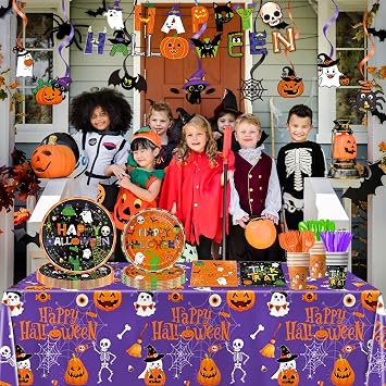 179 PCS Halloween Party Supplies - Plates, Napkins, Cups, Banner, Hanging Swirls, Tablecloth for Halloween Birthday Baby Shower Decorations, Serves 24
