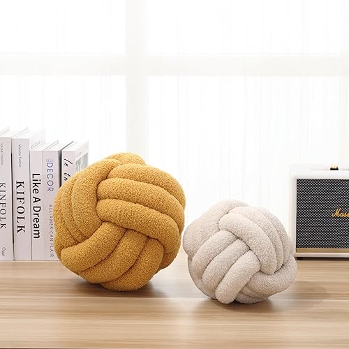 Miniatura 4 de Petrella Almohada redonda de nudo para decoración del hogar, cojín decorativo estético, lana de cordero, arroz, blanco, 8 pulgadas