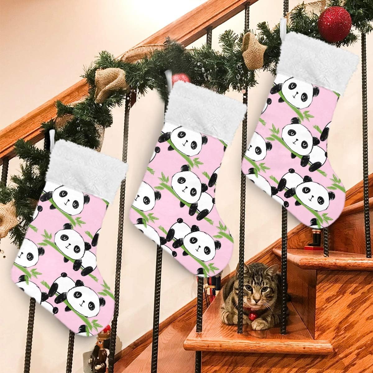Christmas Stockings, Cute Panda Bamboo Branches Pink Gloves Clothes Hat Cuff Stockings Plush Faux Fur 17" Fireplace Large Hanging Socks for Family Holiday Xmas Party Decor 1 Pcs