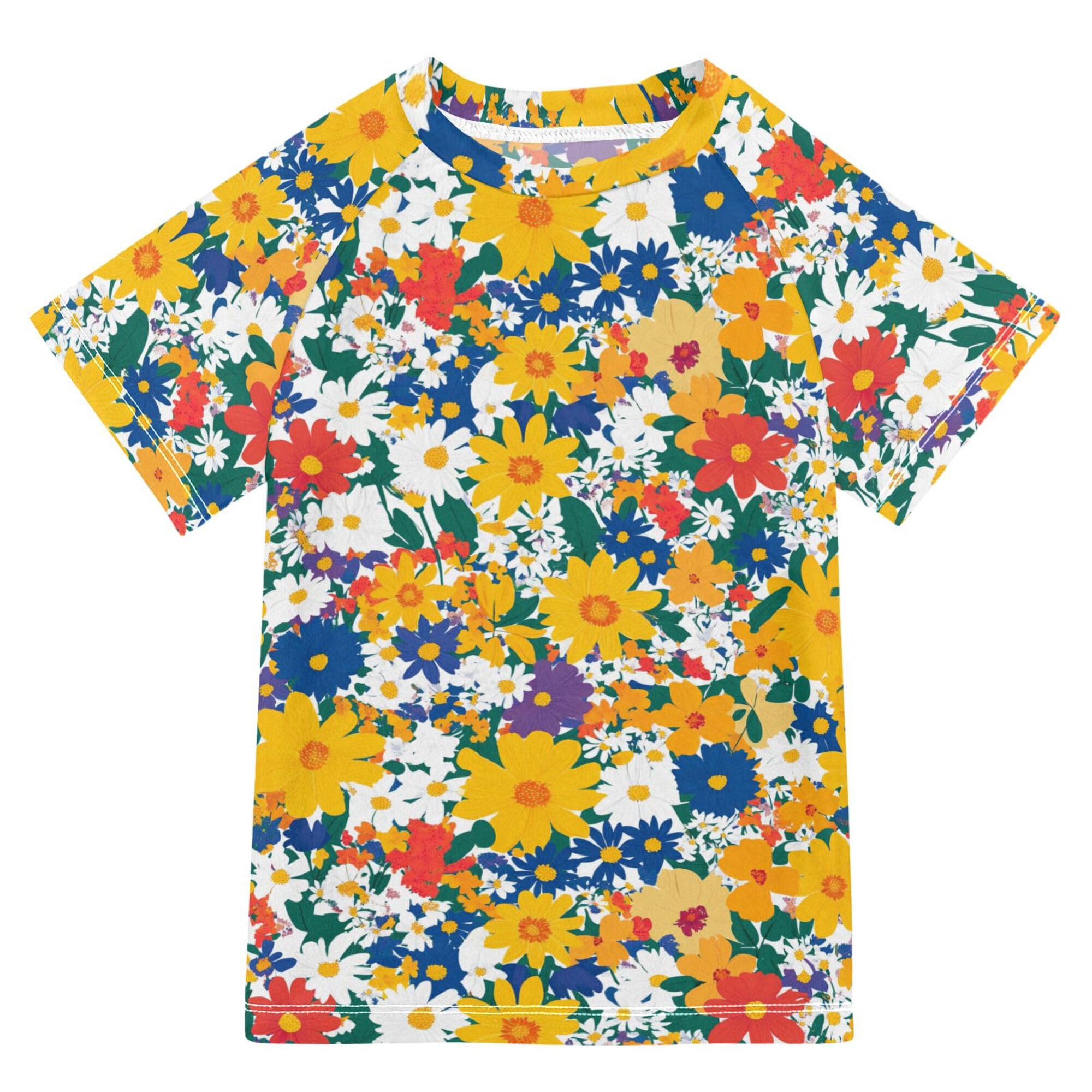 Wudan Spring Flowers Montana Bitterroot Girls Bathing Suit Short Sleeves Rash Guard Swimsuit Swimwears T Shirts for Little Boy 4T