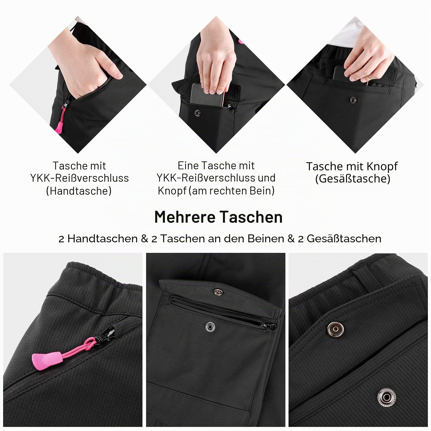 KUTOOK Wanderhose Damen Winter Gefüttert Warm Wasserabweisend Winddicht Outdoorhose 6 Taschen YKK Reißverschluss Softshellhose Trekkinghose Schwarz HP312
