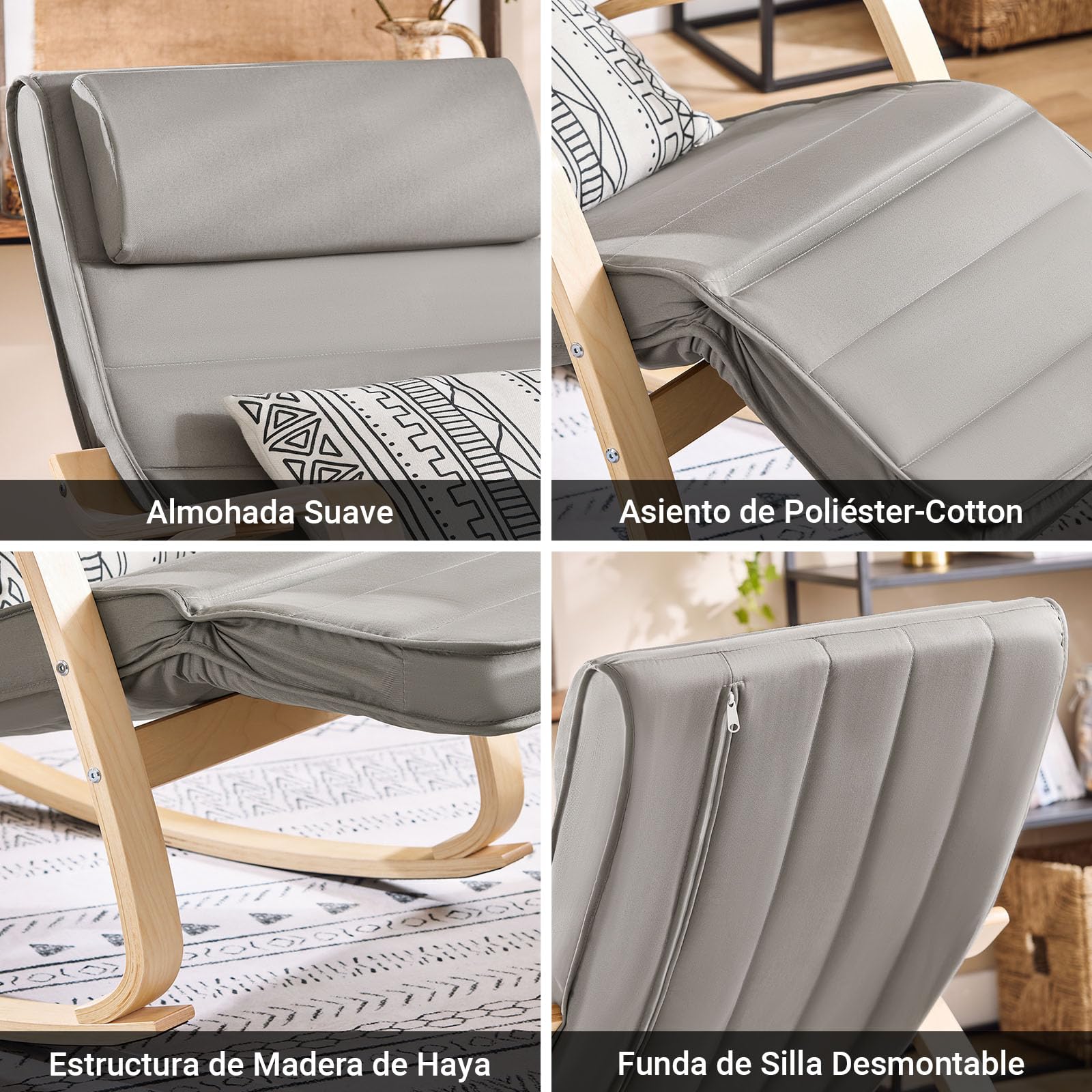 SoBuy Mecedora con Cojín, Silla Mecedora con Reposapiés Ajustable y Reposacabezas - Relajante Sillon, Gris FST16-DG