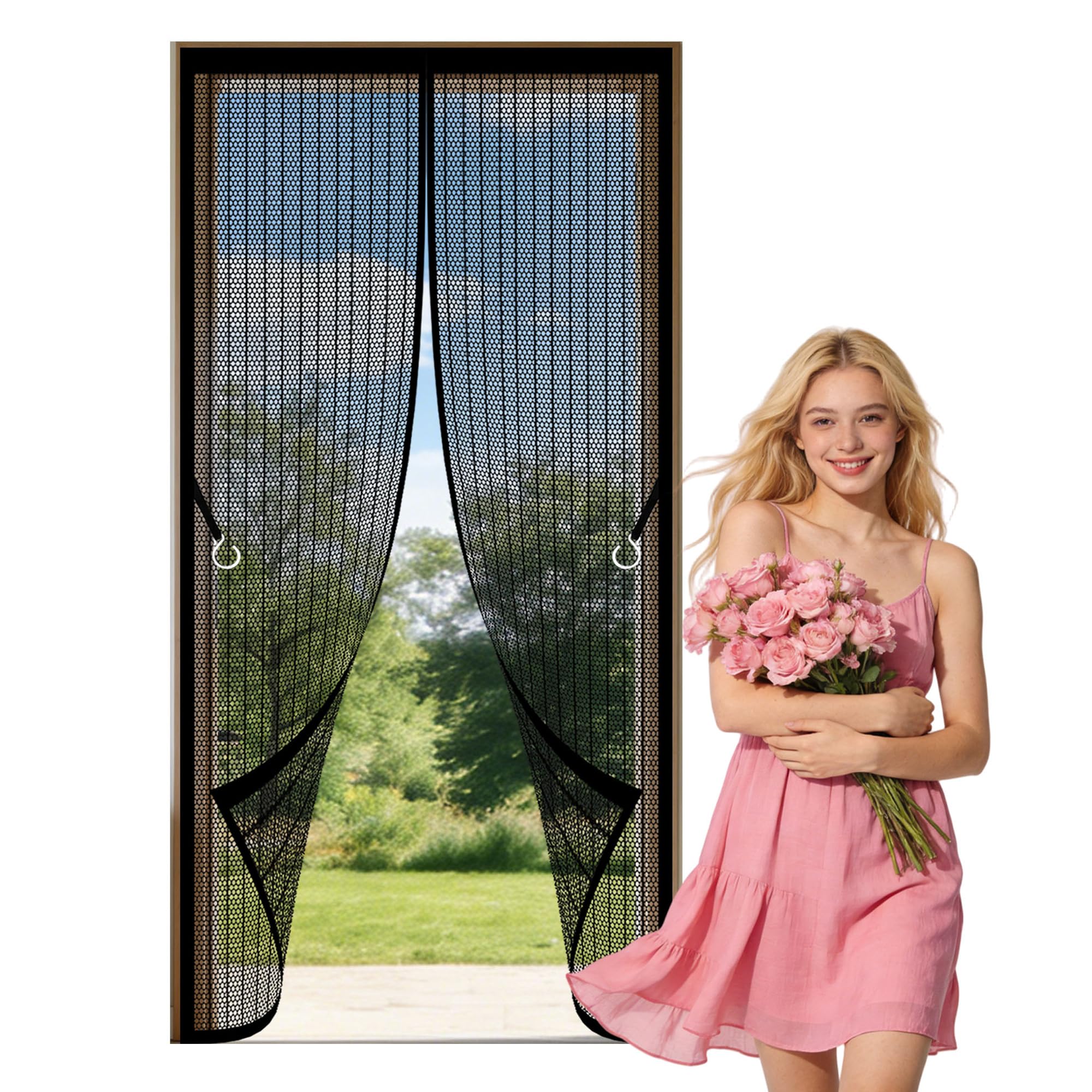 Zhiqxue Black Magnetic Door Curtains Fly Screen 101 X 214 Cm Self Sealing, Hands Free Nets Patio Curtain Insect Mesh Keeping Out Flies Bug Suitable For Patio Room Balcony Bedroom,