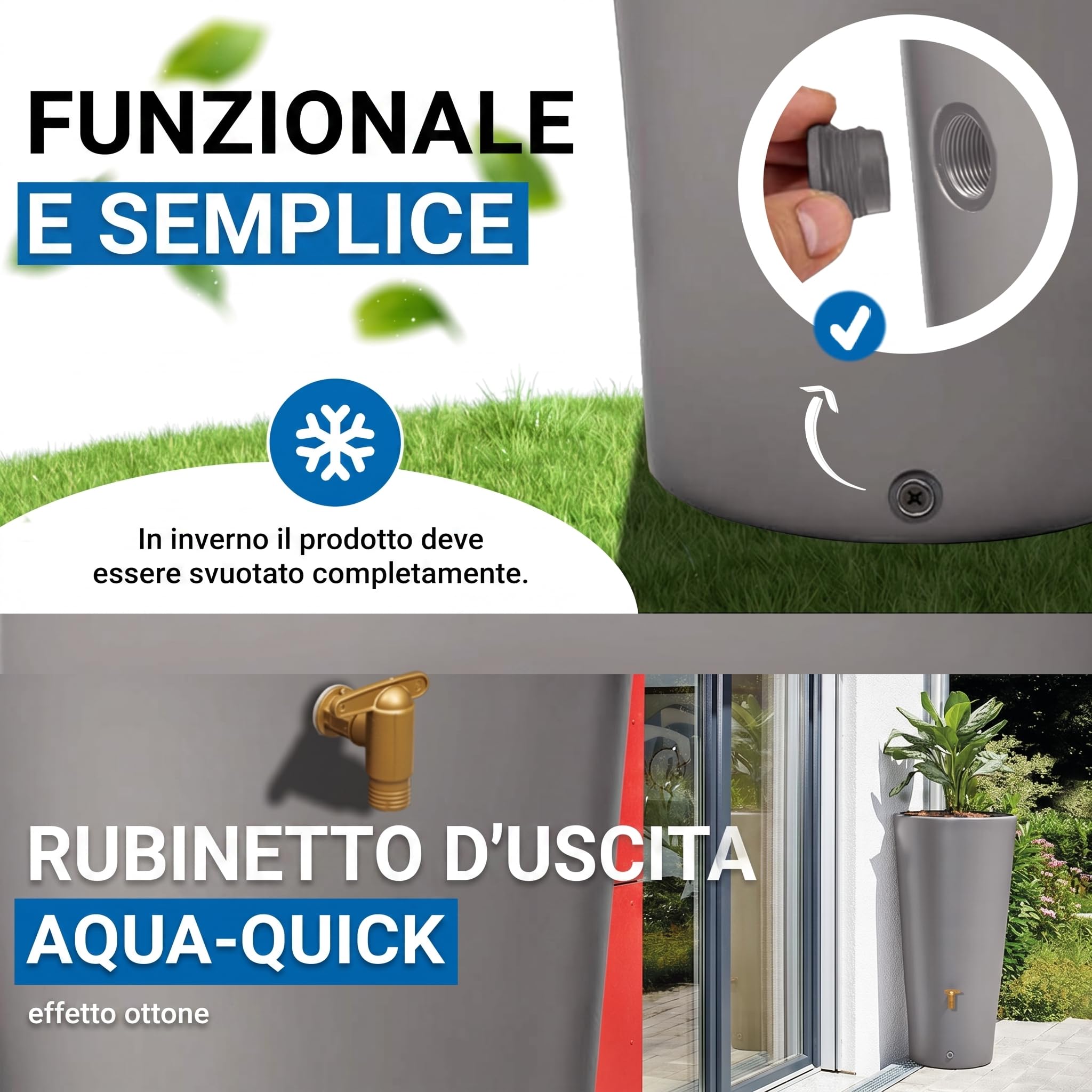 4rain VASO 2in1 serbatoio per pioggia 220 litri grigio zinco incl. rubinetto in plastica e raccordo pluviale - contenitore acqua piovana decorativo - raccolta da grondaia pratica - con filtro incluso