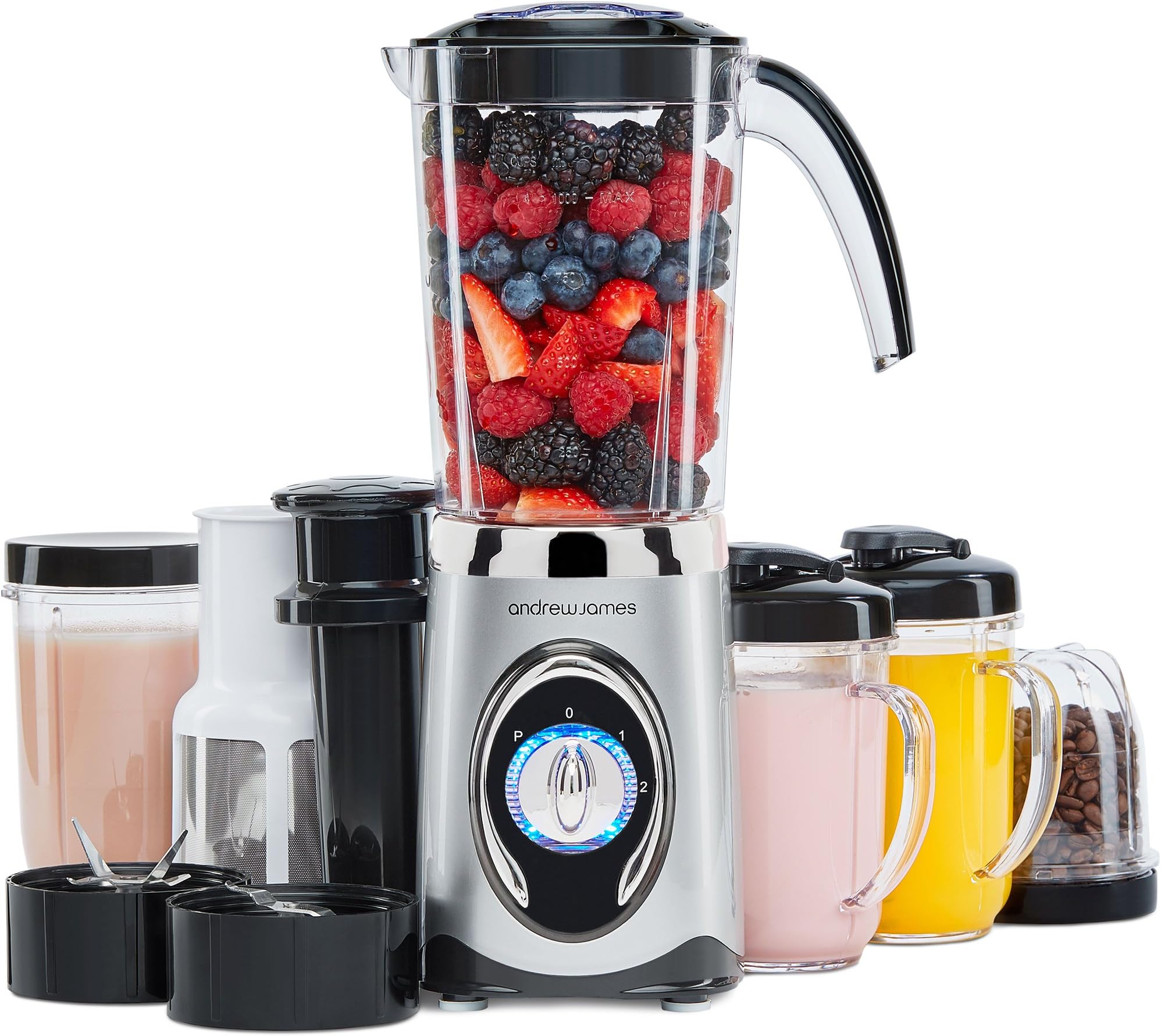 Andrew James Smoothie Maker | 4 in 1 Blender Machine with 1L Jug Travel Large 500ml Blending Cup & Small 300ml Blending Cups with Lids | Ice Crusher Grinder Juicer Pusher | 220W | Silver