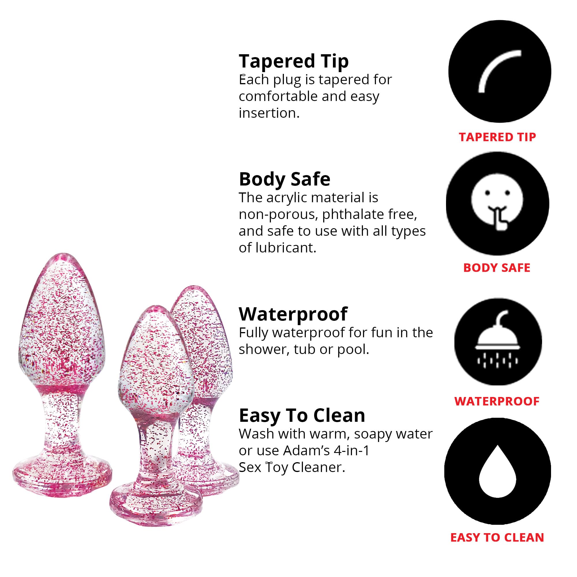Adam & Eve Glitter Gem Butt Plug Set, 3 Piece Acrylic Anal Trainer Kit, Small Medium Large Plugs for Beginners & Advanced, Lightweight with Sparkling Gem Base, Body Safe, Waterproof, Easy Clean, Pink