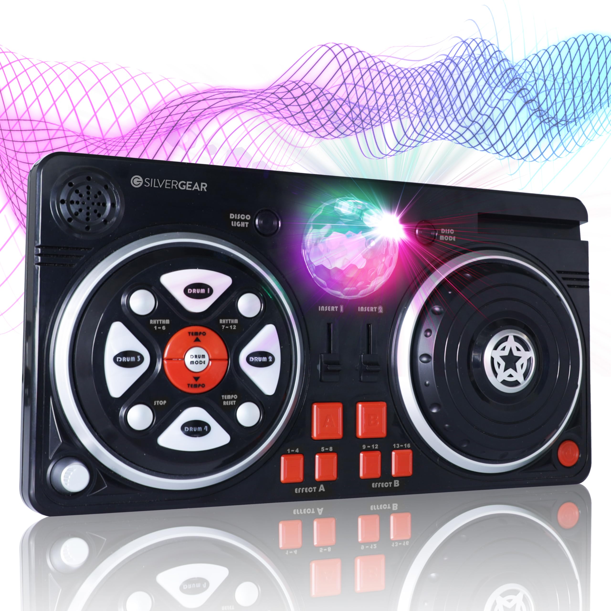 Silvergear® DJ-Set für Kinder | DJ Pult für Anfänger mit Discokugel | 46 Soundeffekte | AUX-Kabel für Eigene Musik | Tragbares DJ Equipment | Batteriebetrieben | 39.3 x20.5x6.4 cm | Schw