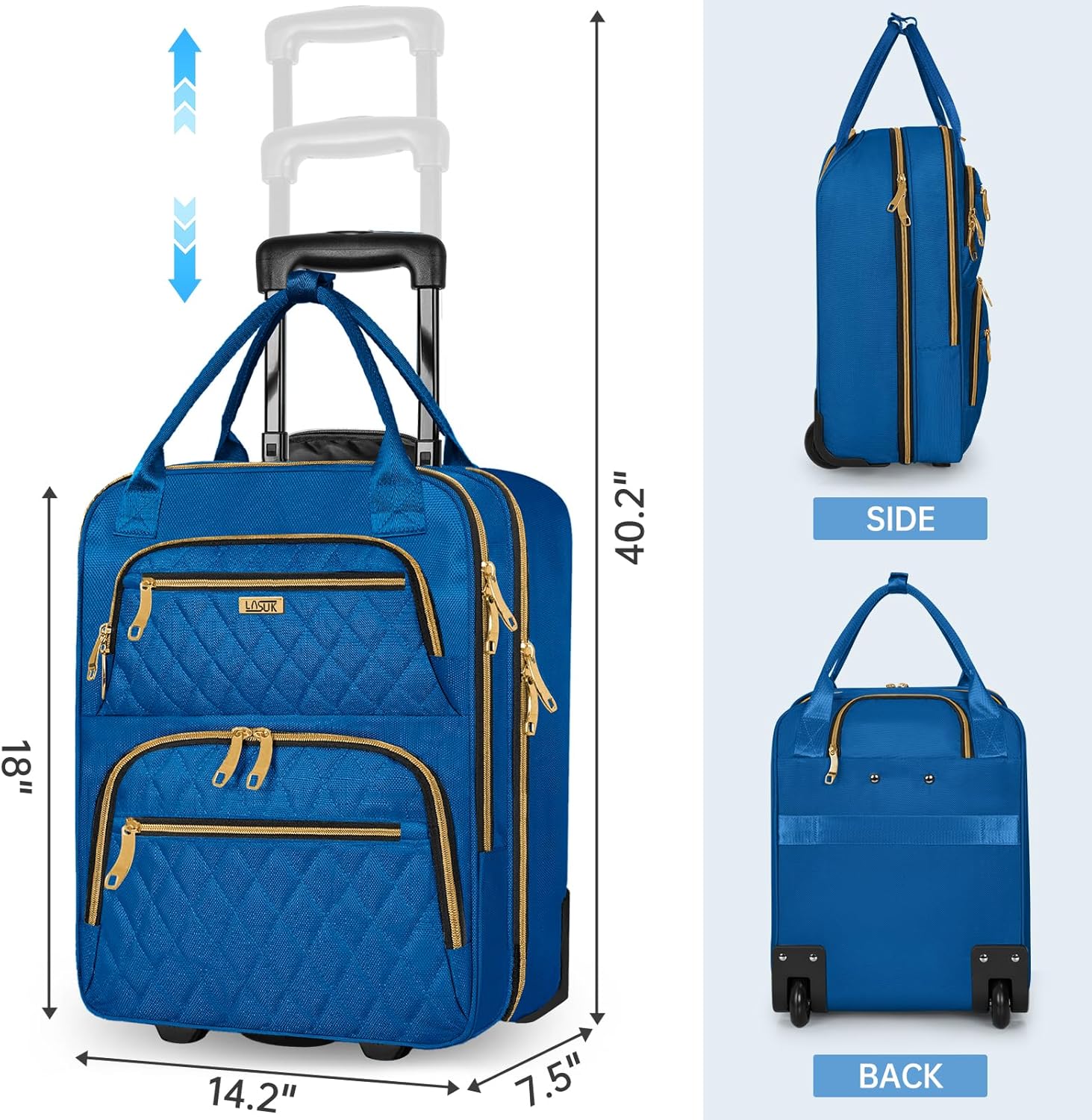 Underseat Carry On Luggage with Wheels, Stylish Lightweight Under Seat Luggage, Personal Item Suitcase with telescoping handles for Men Women, Pilots and Crew, Blue
