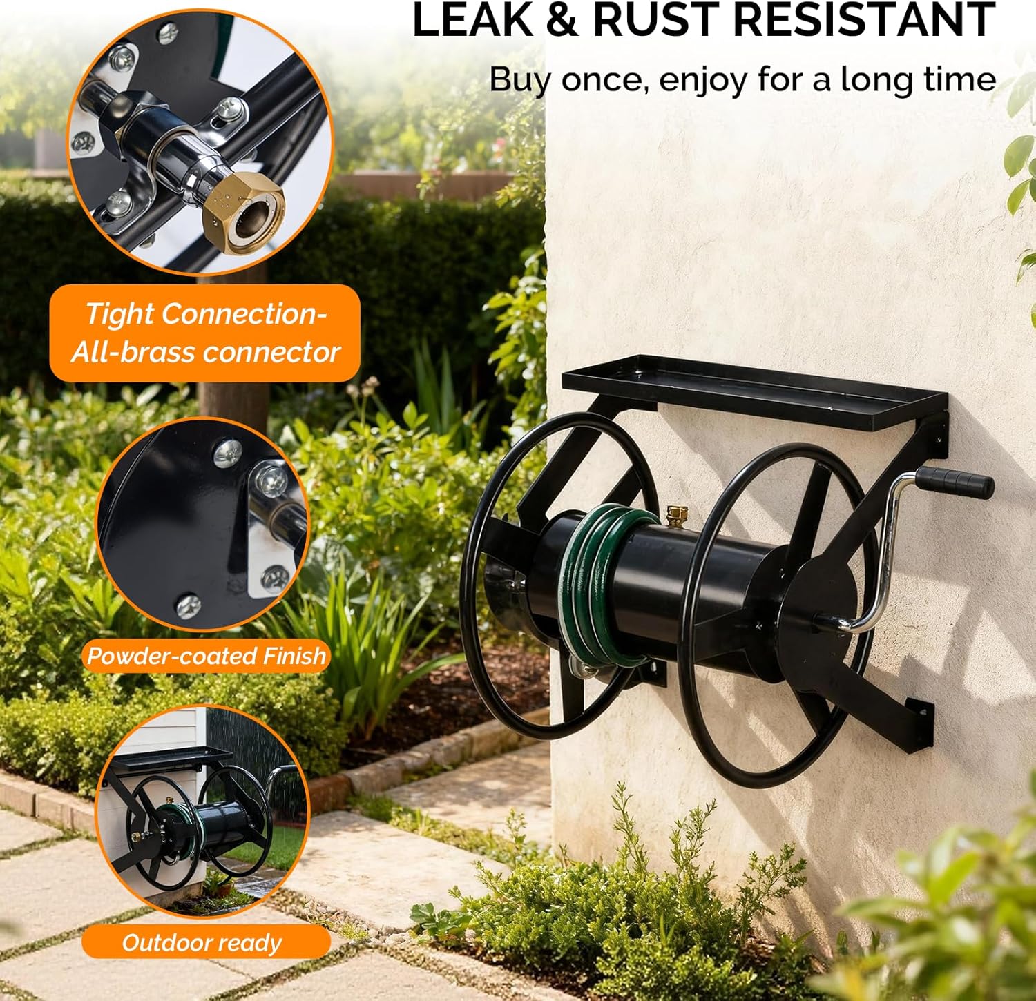 VINGLI Garden Hose Reel, Wall Mount Water Hose Reel for Garden Outside with Heavy Duty Space Saving Rolling Design Metal, 175FT Capacity for 3/4" Hose for Outdoor Use (Black)
