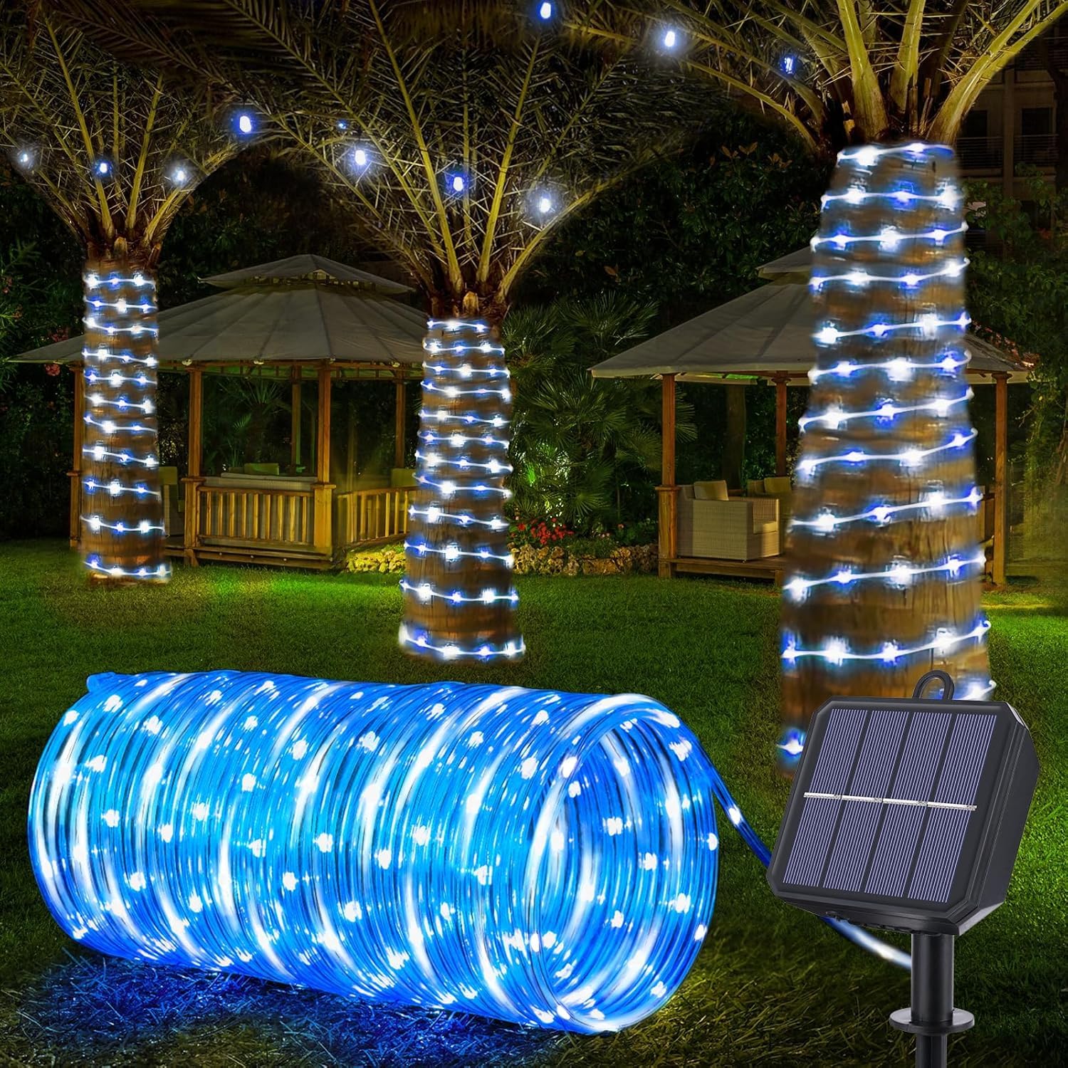 Mixtooltoys Solar Rope Lights for Outside, 66Ft 200 LED Solar Tube Lights, 8 Modes Balcony Lights for Tree Patio Christmas Party Wedding Decor (Blue)
