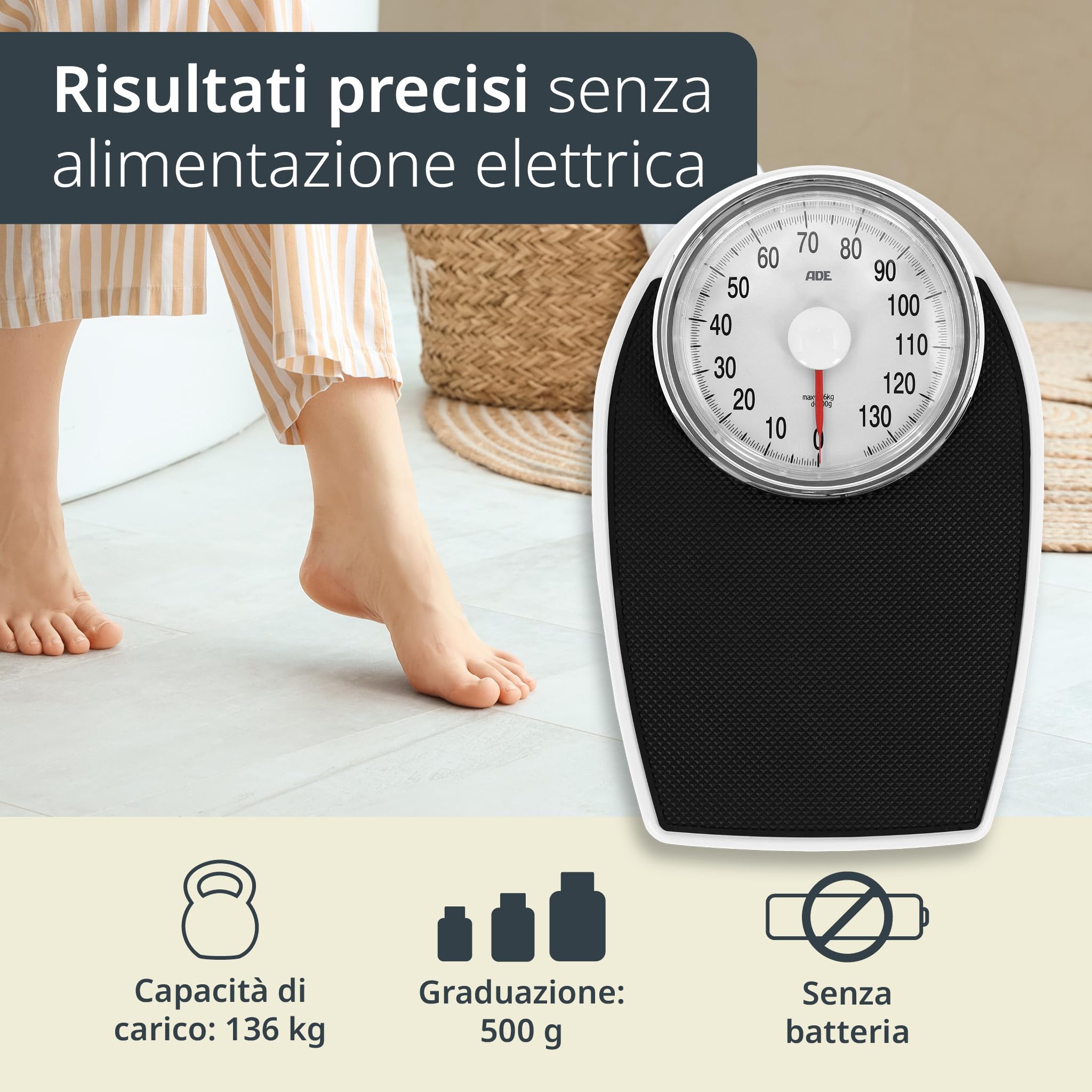 ADE Bilancia pesapersone meccanica in look retrò | superficie di pesata antiscivolo | bilancia pesapersone analogica con ampio display | senza batteria | fino a 136 kg | nero