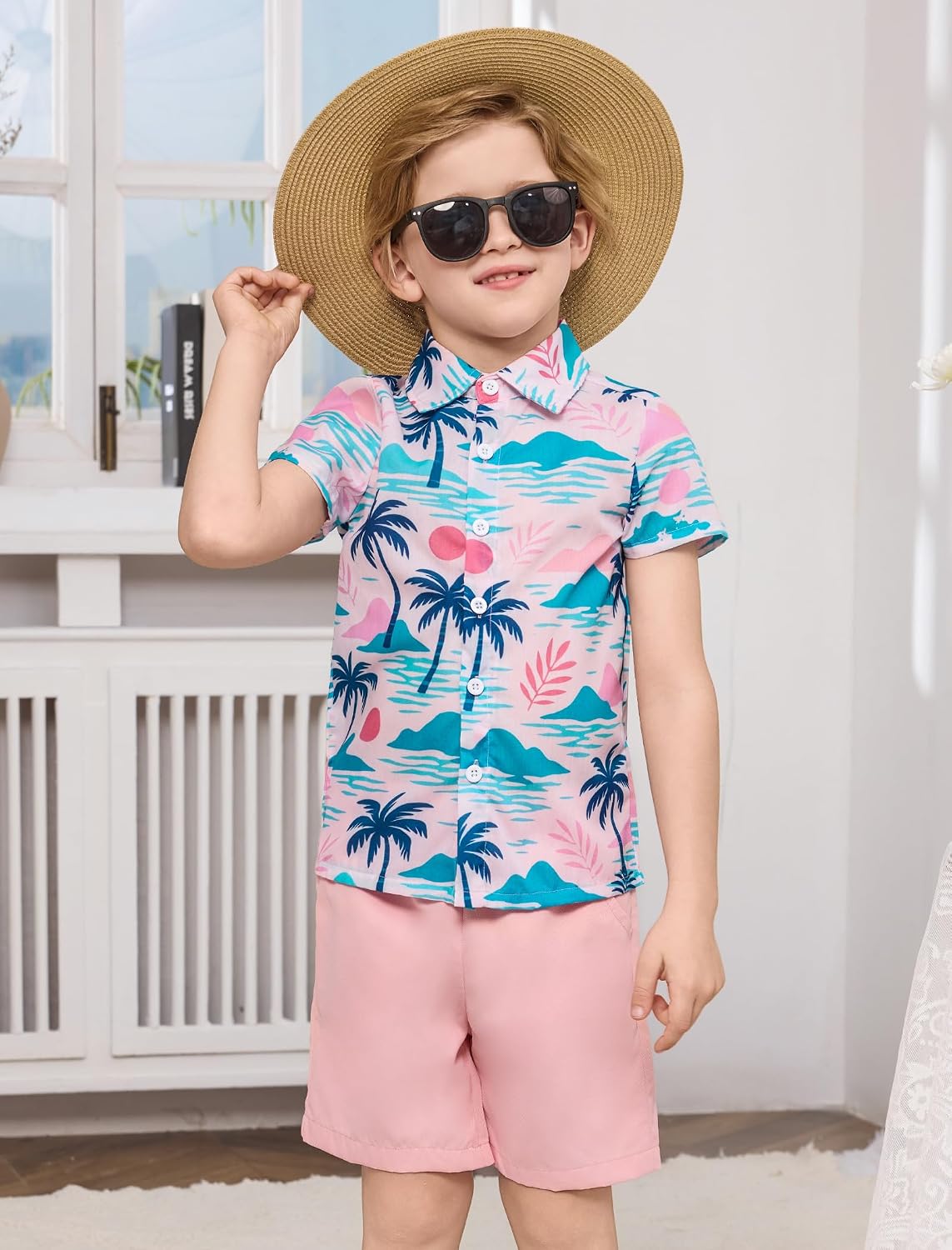 IDOPIP Toddler Baby Boy Summer Hawaiian Outfit 2 Piece Print Shirt with Shorts Set Matching Outfit for Beach Vacation 1-5T