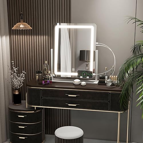 Vista 132 de FENNIO - Espejo de tocador con luces, sensor táctil con 3 modos de iluminación, aumento 10X, puerto de carga USB para mesa de tocador, dorado, 32 x