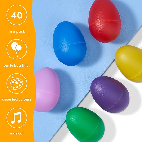 THE TWIDDLERS Set de 40 Huevos Musicales Tipo Maraca para Niños - Instrumentos de Percusión en 6 Colores para Búsqueda de Huevos de Pascua y Fiestas - 4
