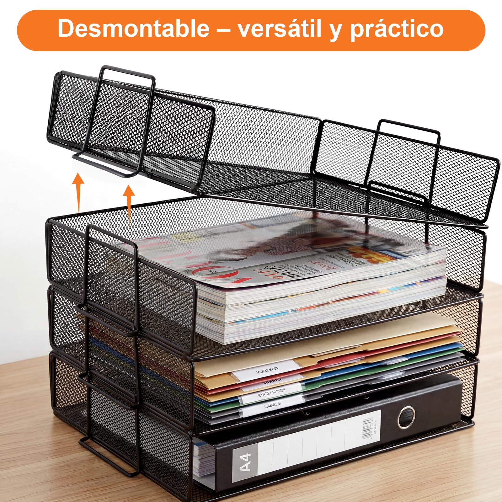 Estante apilable para Documentos A4, Organizador Escritorio con 4 bandejas y 1 portalápices, Apto para Documentos A4, Estante de Escritorio metálico, Estante de Escritorio (Negro)